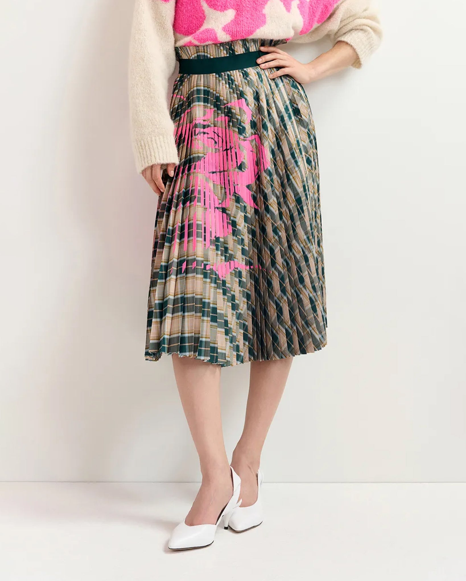 Checked Pleated Skirt With Floral Print