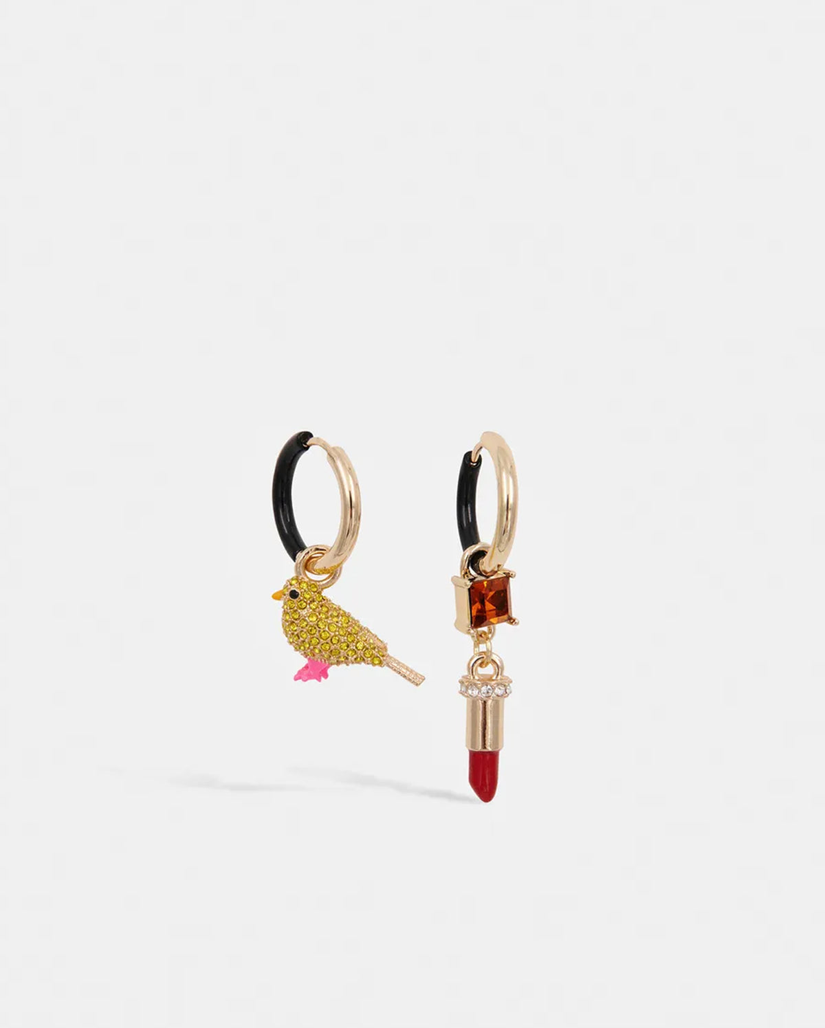 Hoop Earrings with Bird and Lipstick (Black/Gold)