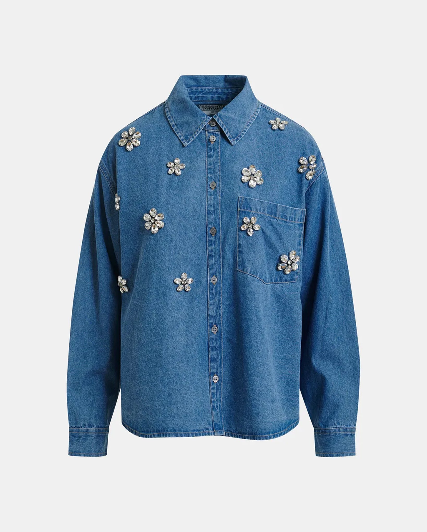 Denim Shirt With Floral Rhinestone Embellishments (Blue)