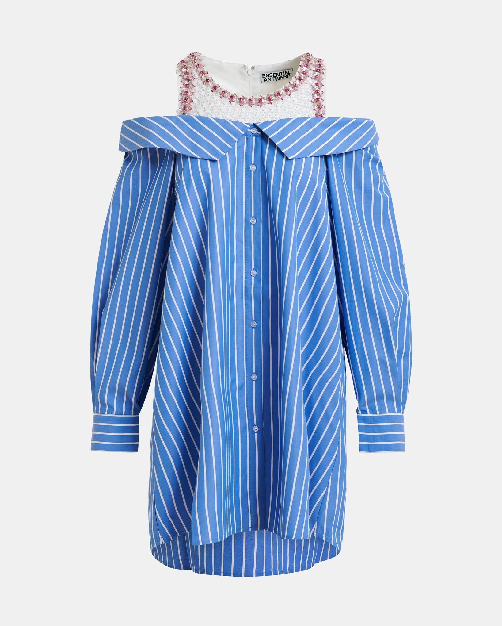 Layered Shirt Dress With Embellished Tank Top (Blue/White)