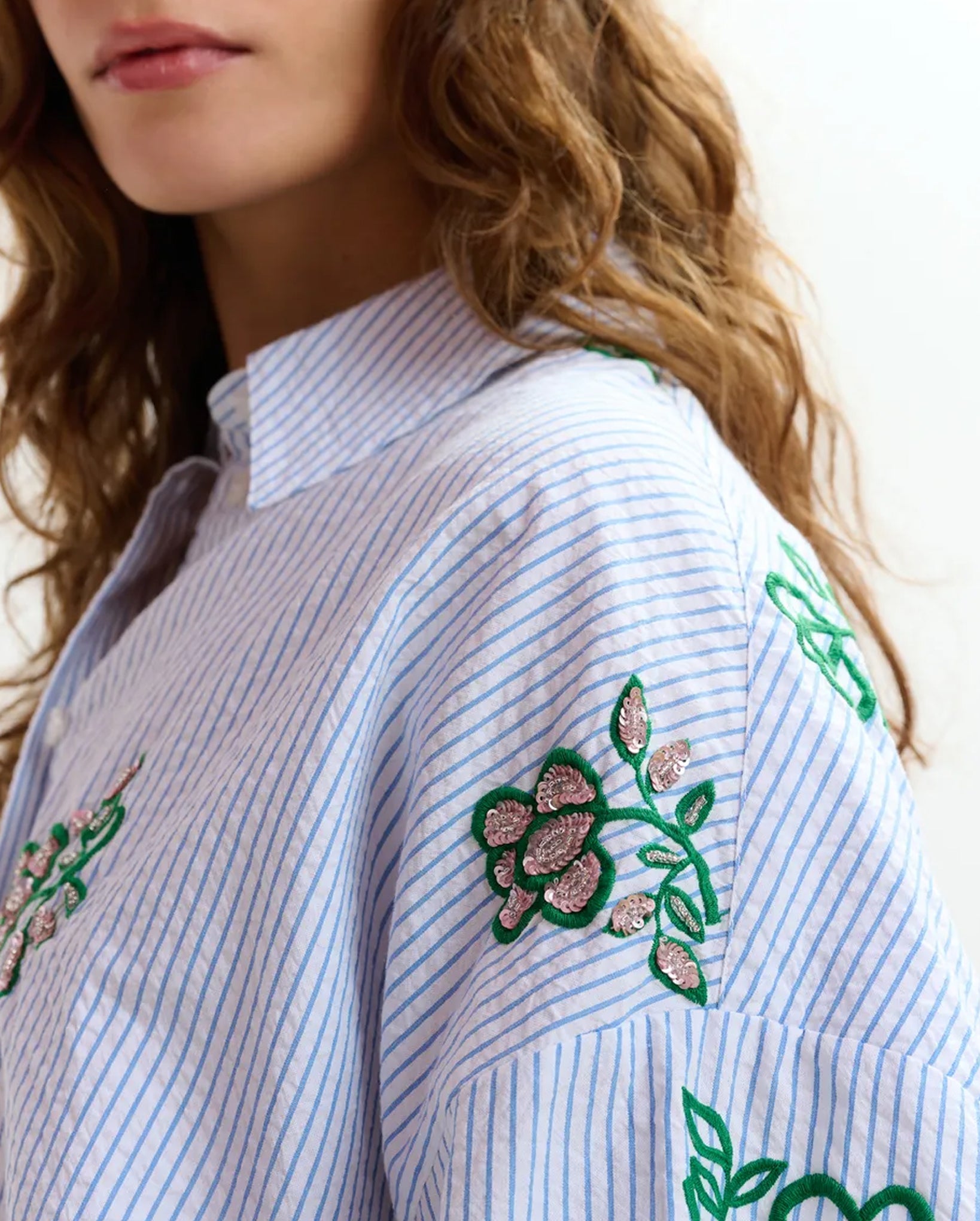 Cotton Shirt with Pinstripes and Embroidered Details (Green/Light Blue/Off-White)