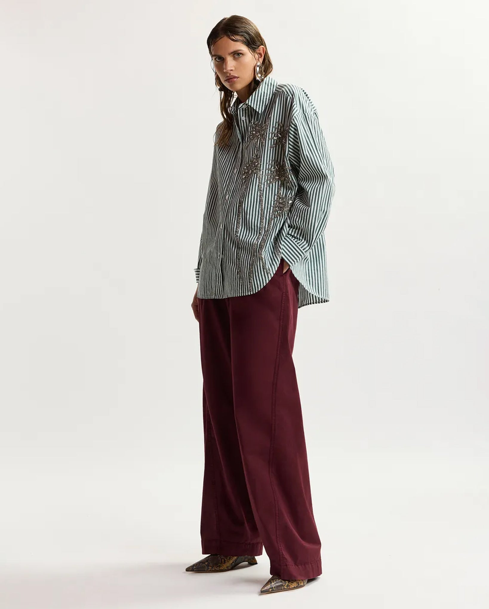 Oversized Striped Shirt With Sequin And Bead Embellishments (Green/Grey/White)