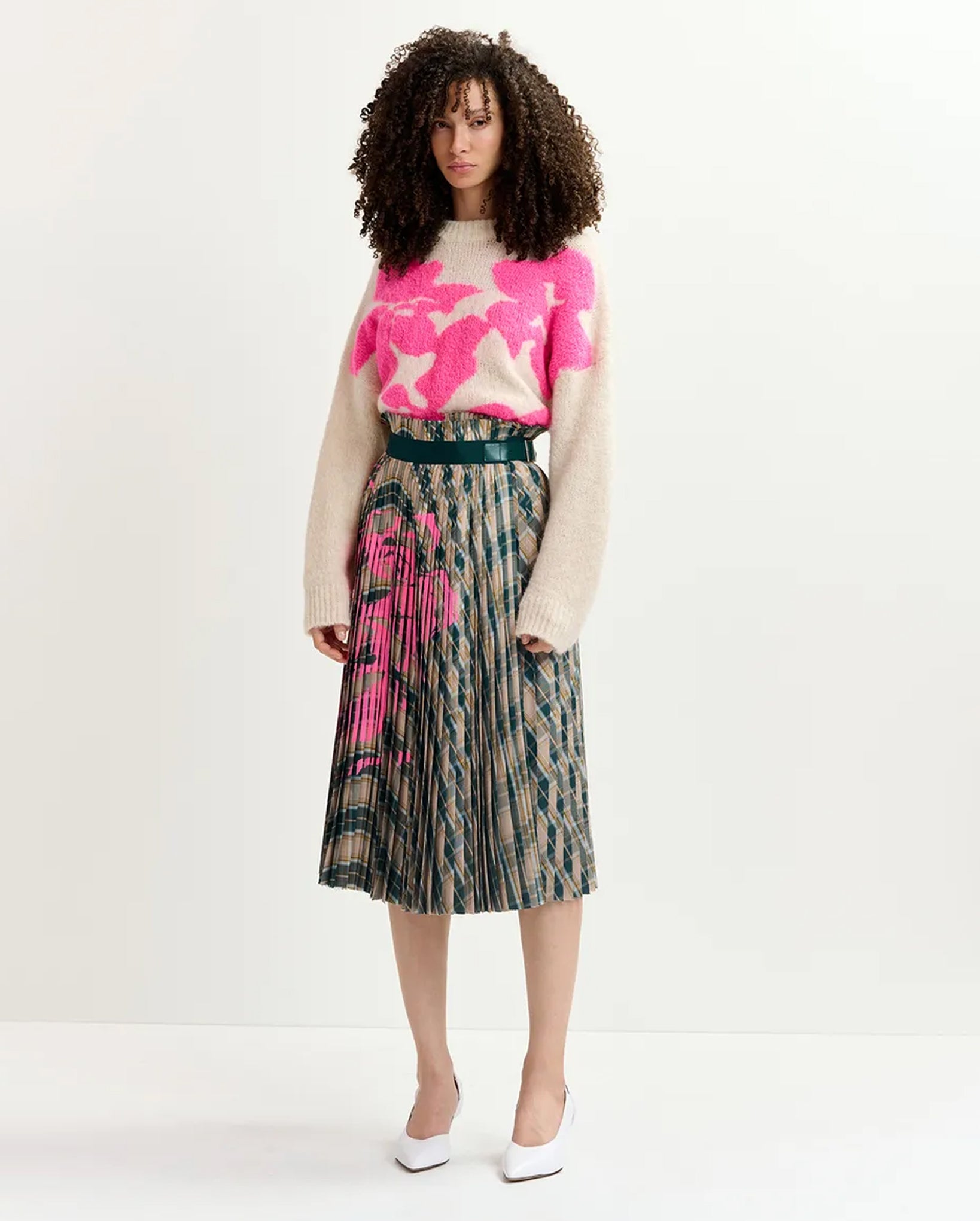 Checked Pleated Skirt with Floral Print (Beige/Dark Green/Neon Pink)