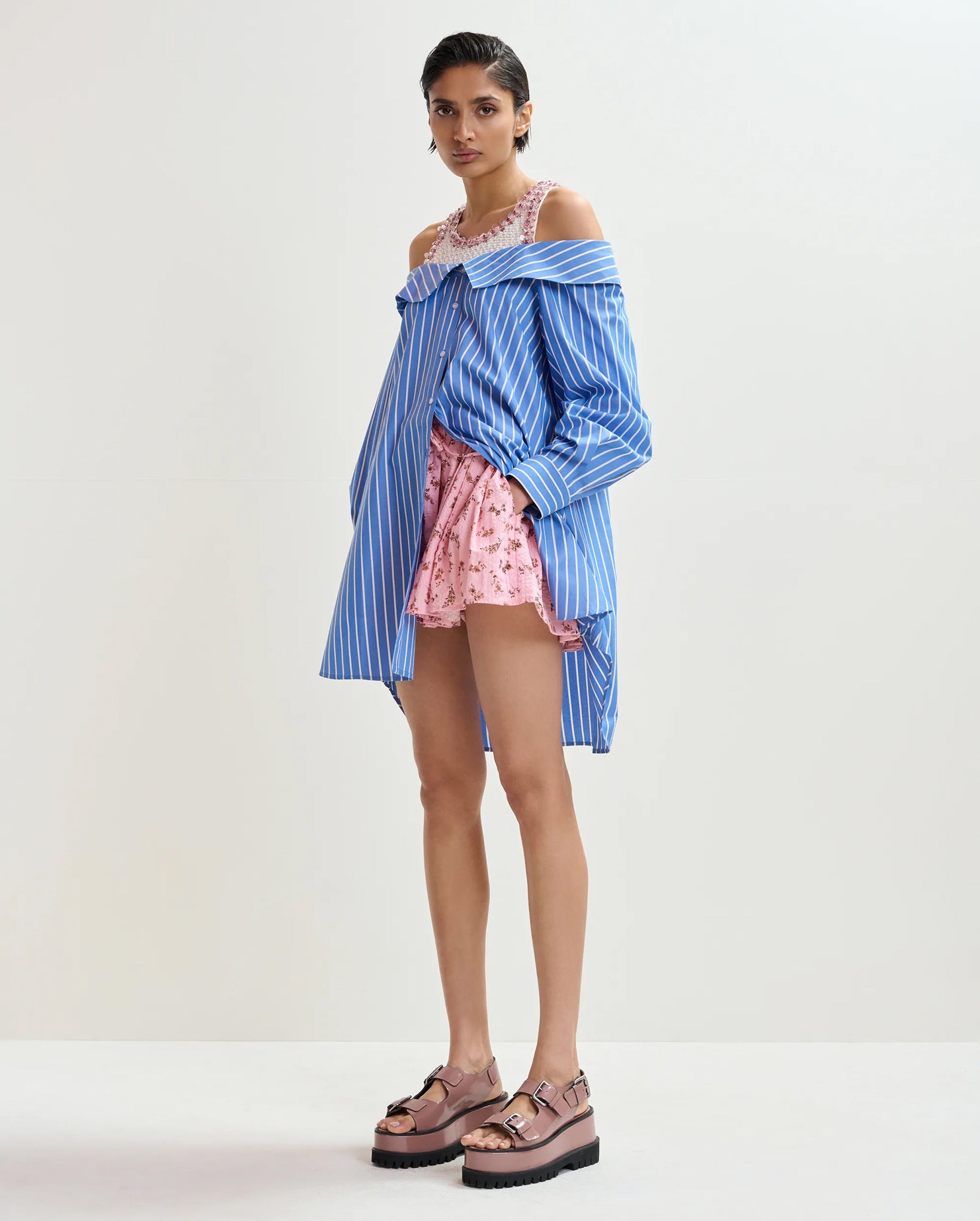 Layered Shirt Dress With Embellished Tank Top (Blue/White)