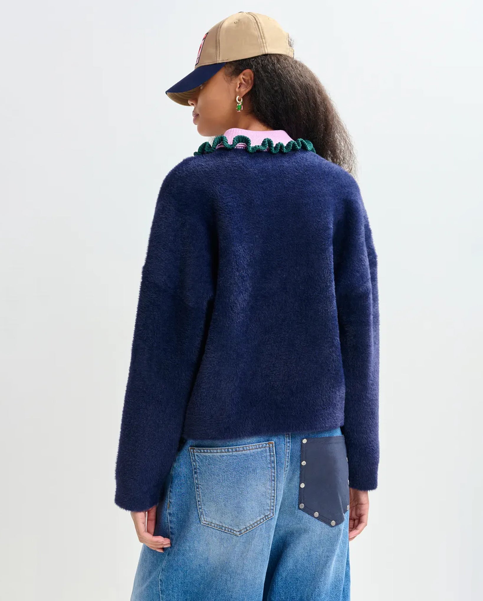 Cardigan With Contrasting Ruffle Collar (Dark Green/Navy/Purple)