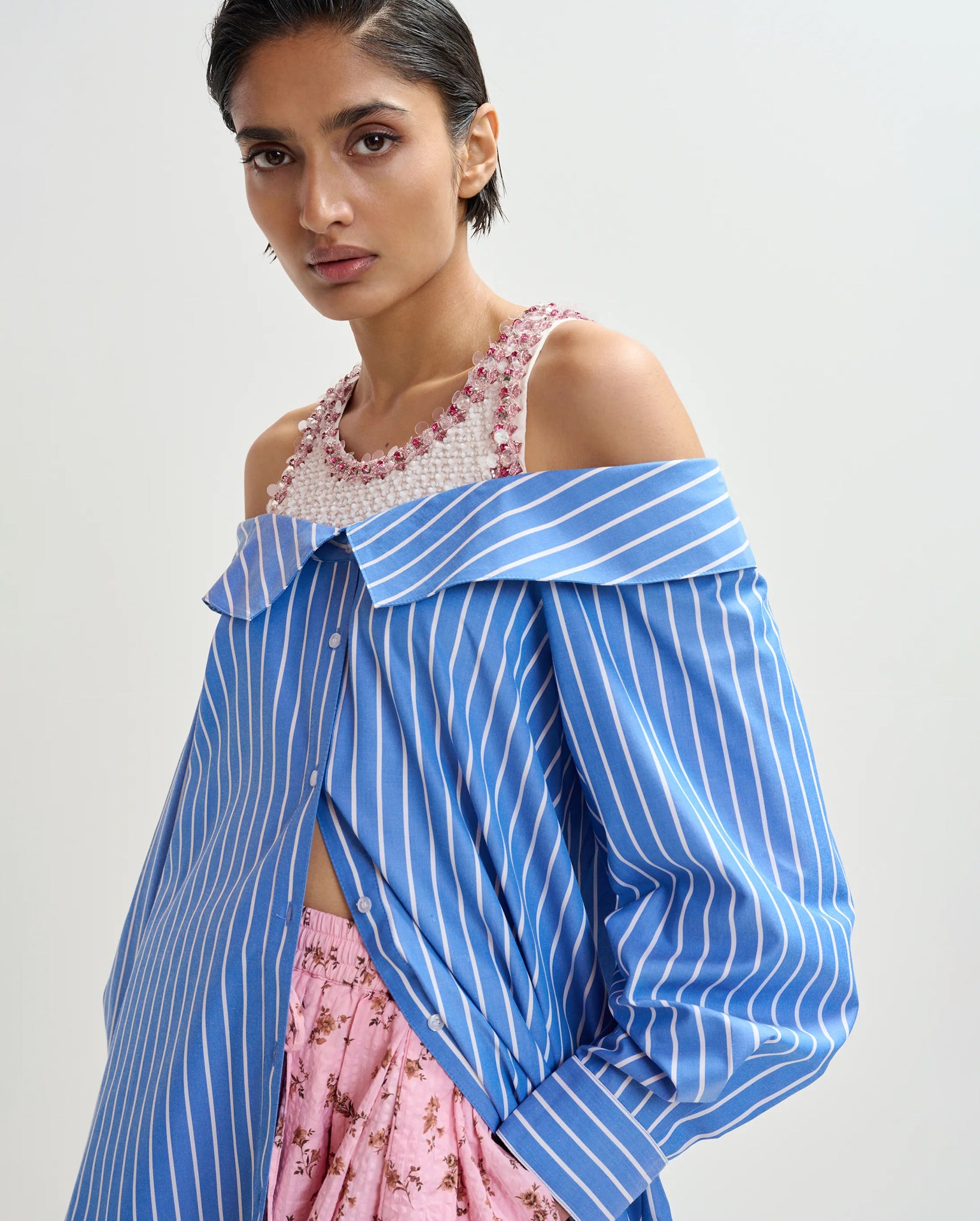 Layered Shirt Dress With Embellished Tank Top (Blue/White)