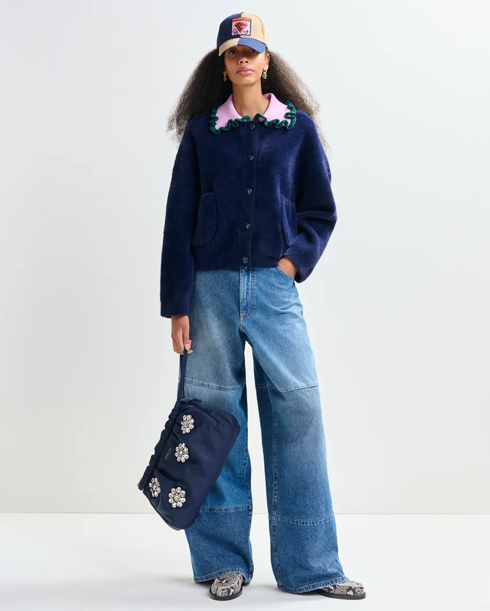 Cardigan With Contrasting Ruffle Collar (Dark Green/Navy/Purple)