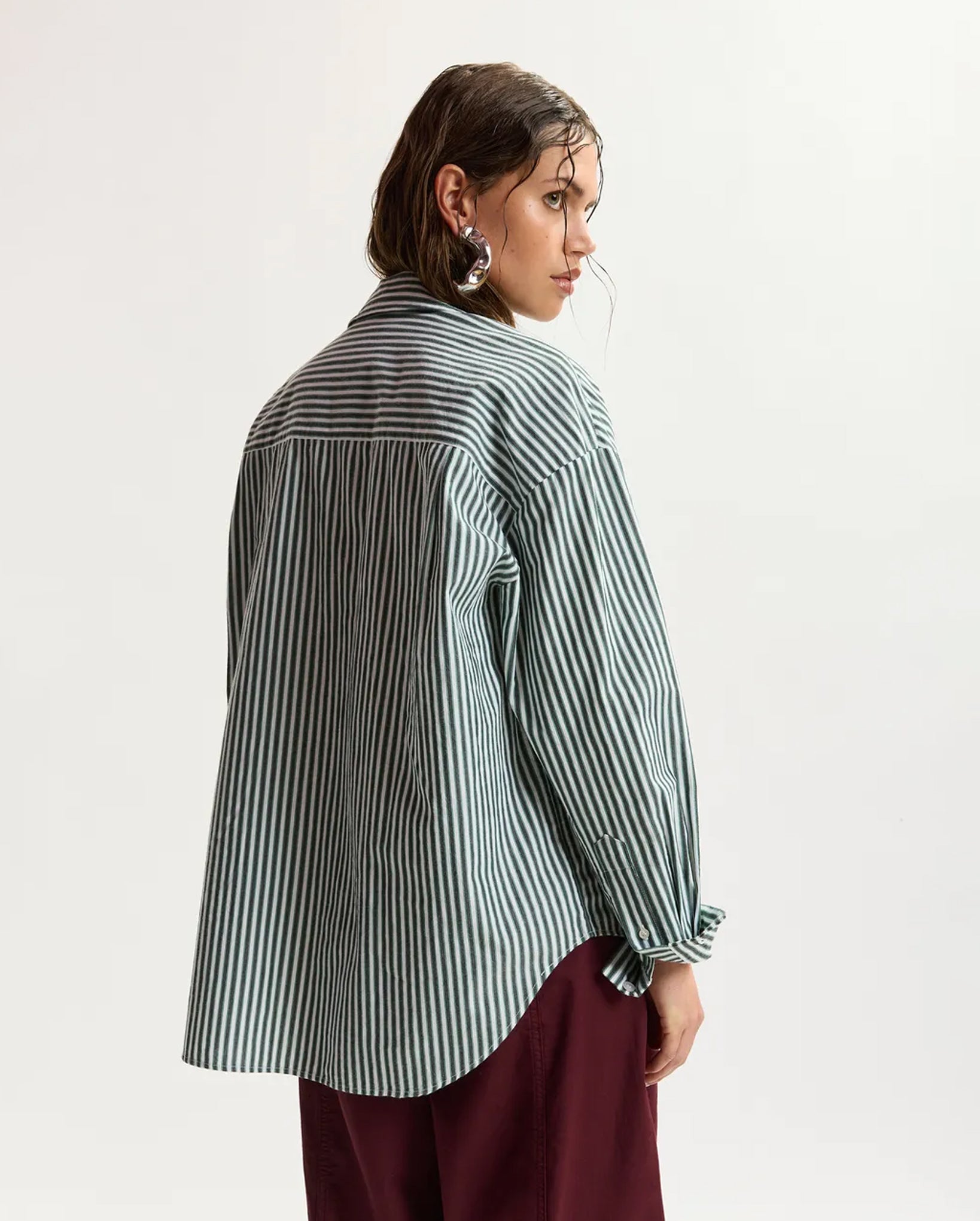 Oversized Striped Shirt With Sequin And Bead Embellishments (Green/Grey/White)