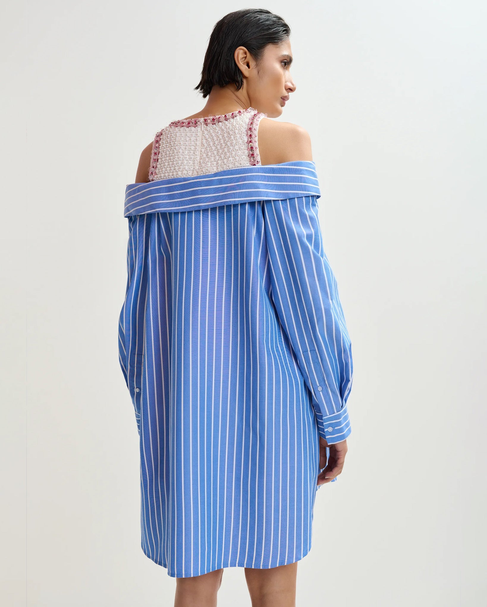 Layered Shirt Dress With Embellished Tank Top (Blue/White)