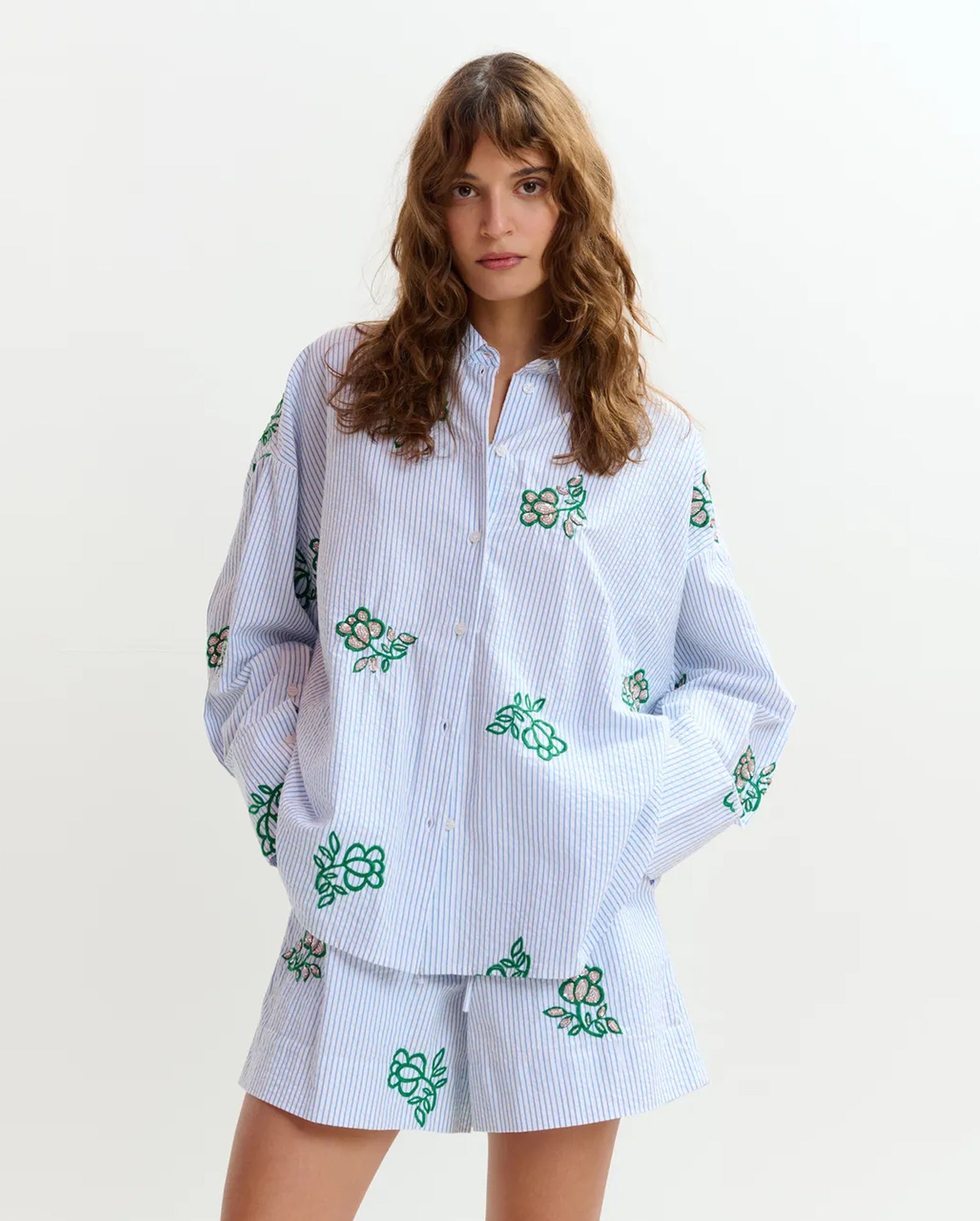 Cotton Shirt with Pinstripes and Embroidered Details (Green/Light Blue/Off-White)