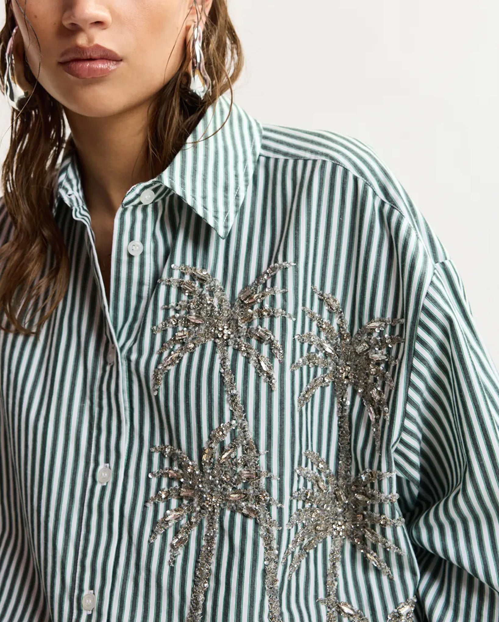 Oversized Striped Shirt With Sequin And Bead Embellishments (Green/Grey/White)