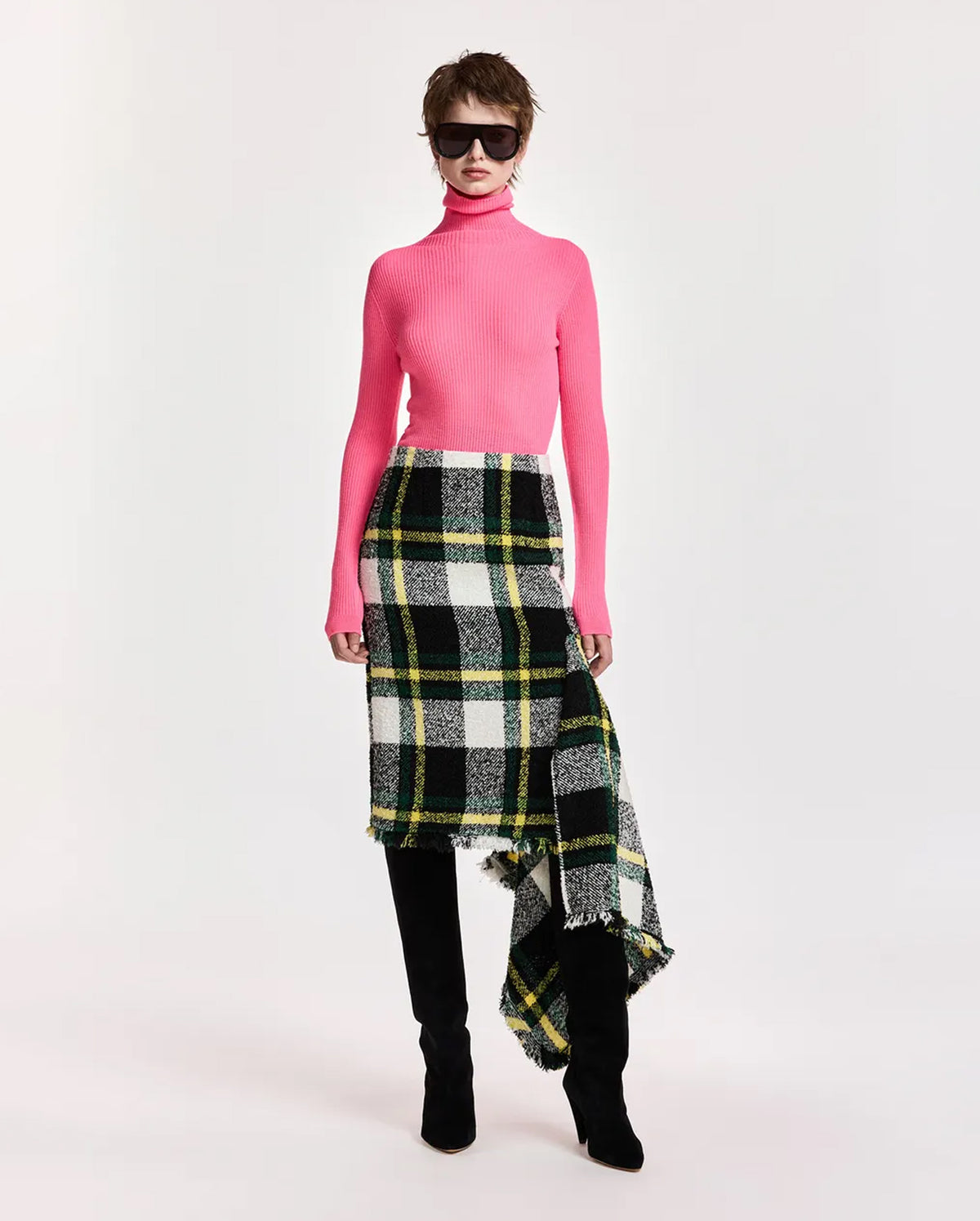 Checked Draped Pencil Midi Skirt (Black/Off-White/Yellow)