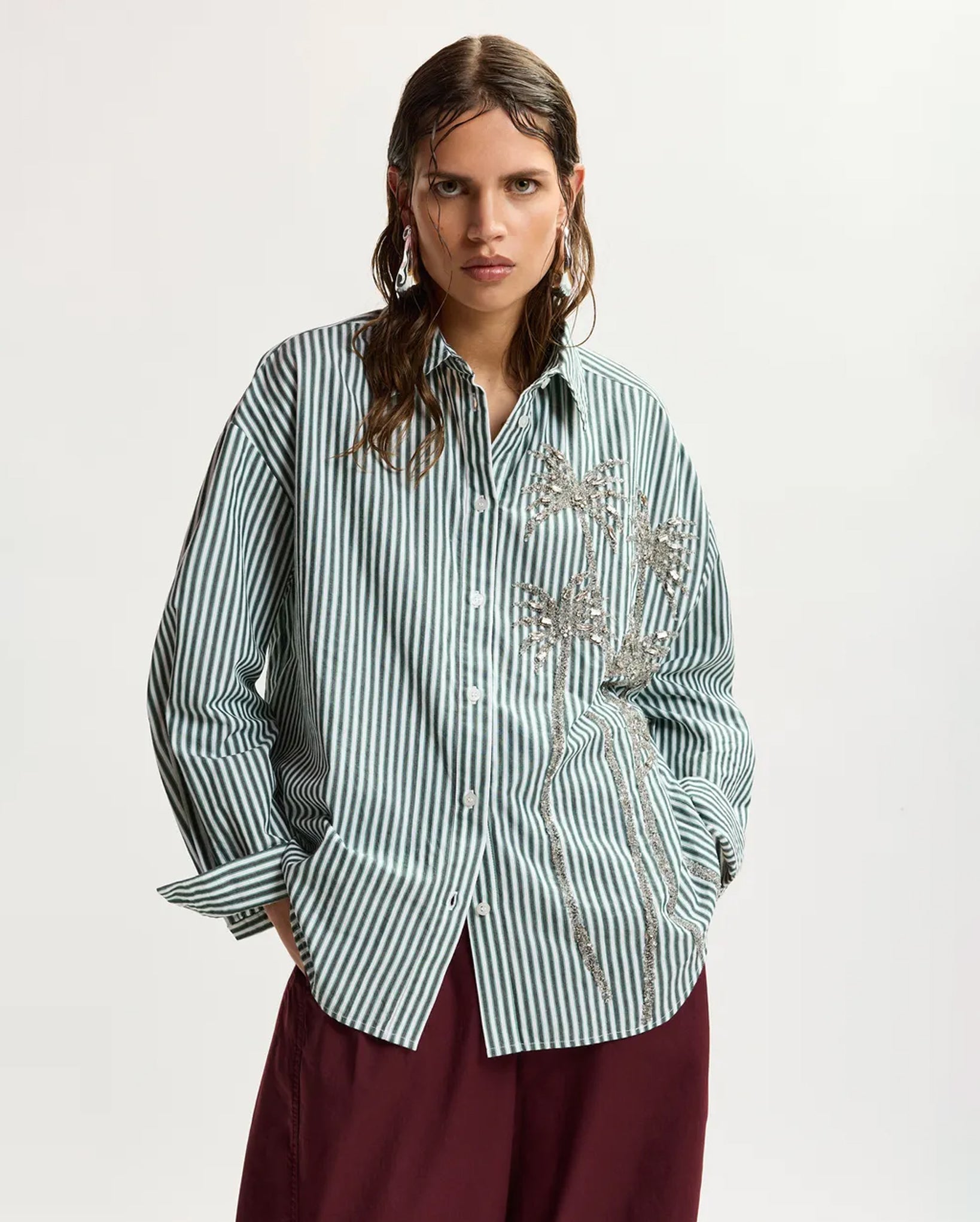 Oversized Striped Shirt With Sequin And Bead Embellishments (Green/Grey/White)