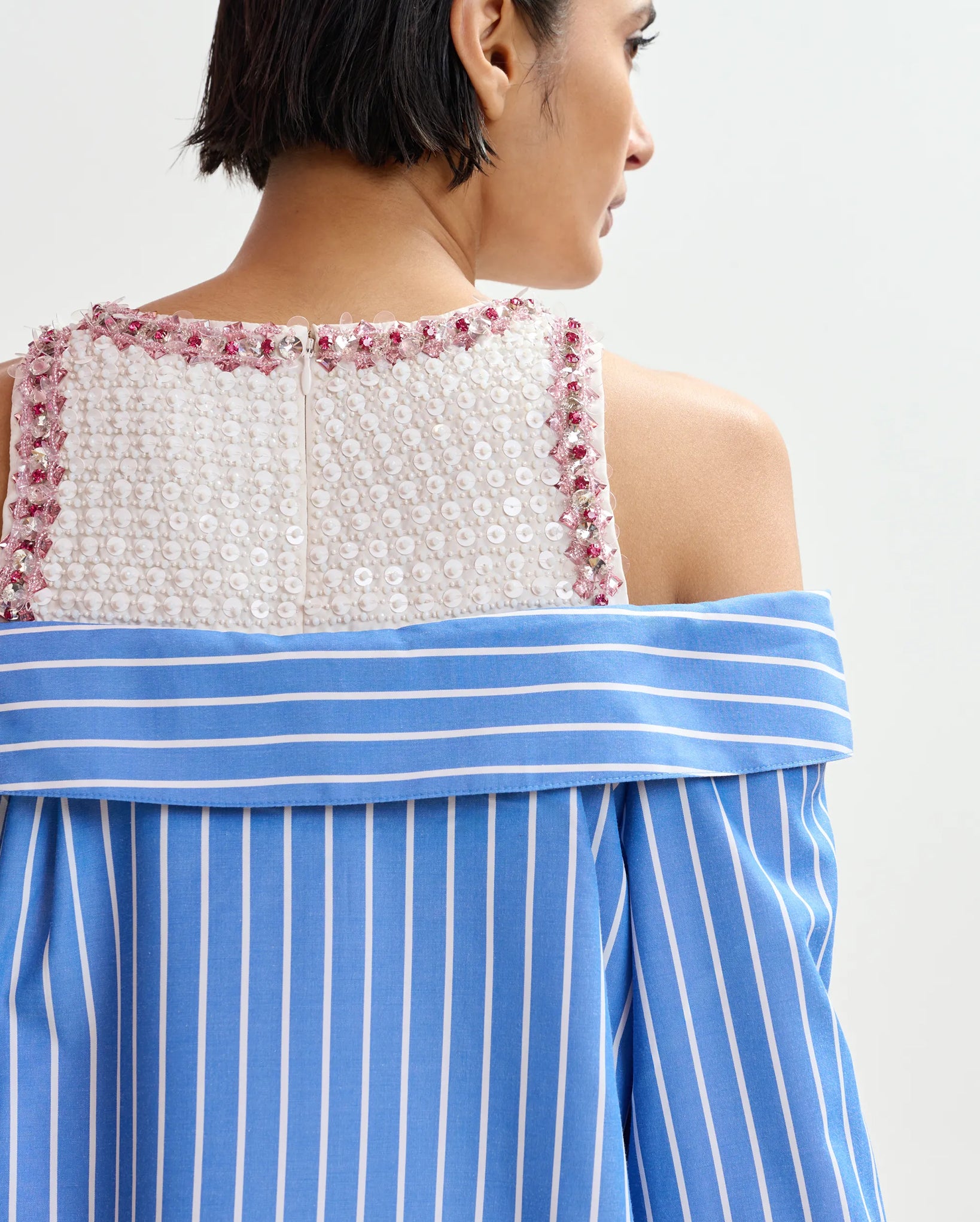 Layered Shirt Dress With Embellished Tank Top (Blue/White)