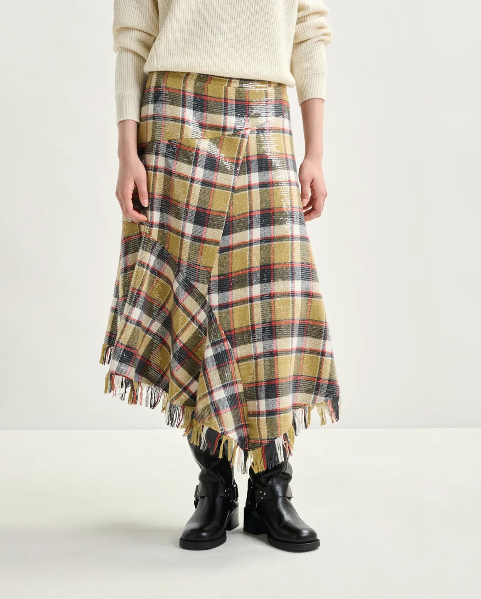 Check Print Midi Skirt with Fringed Hemline and Sequin Embellishments (Dark Blue/Khaki/Red)