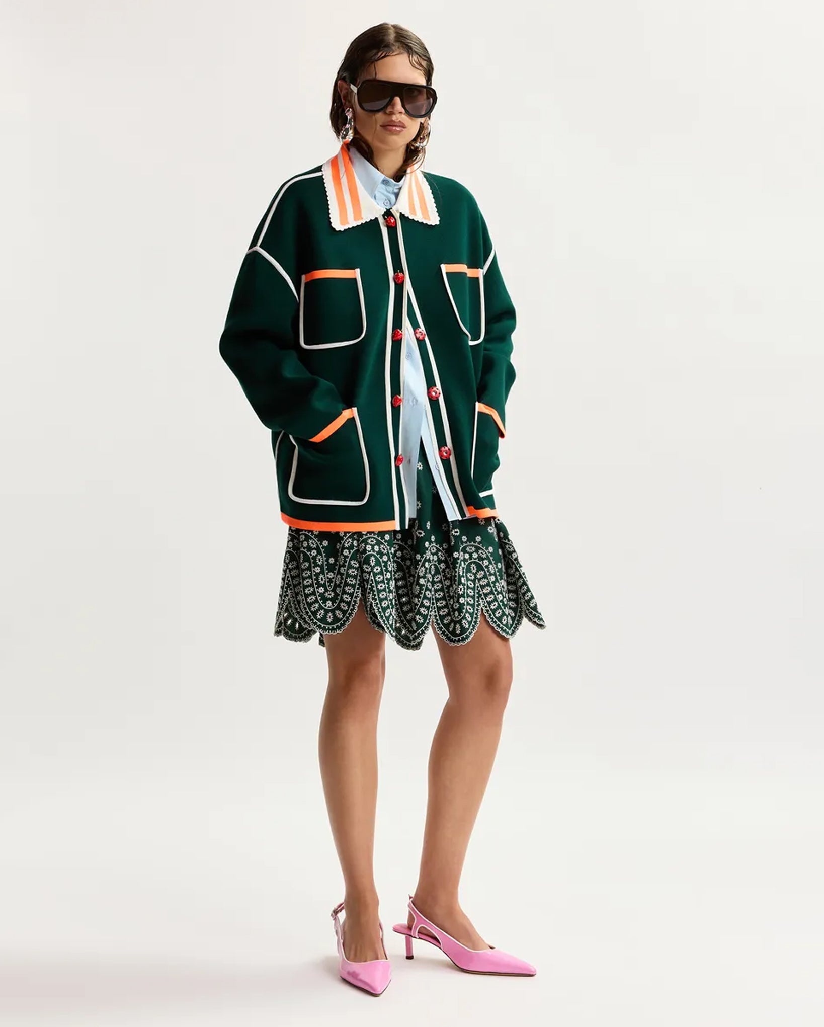 Fine Knit Cardigan With Lace-Trimmed Collar And Strawberry-Shaped Buttons (Dark Green/Orange/White)