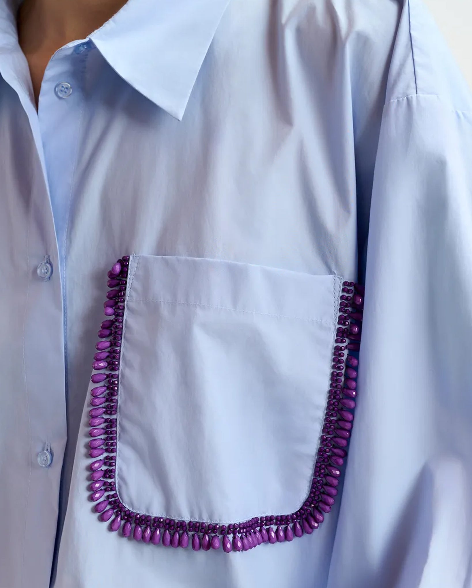 Cotton Shirt with Beaded Embroidery (Light Blue)