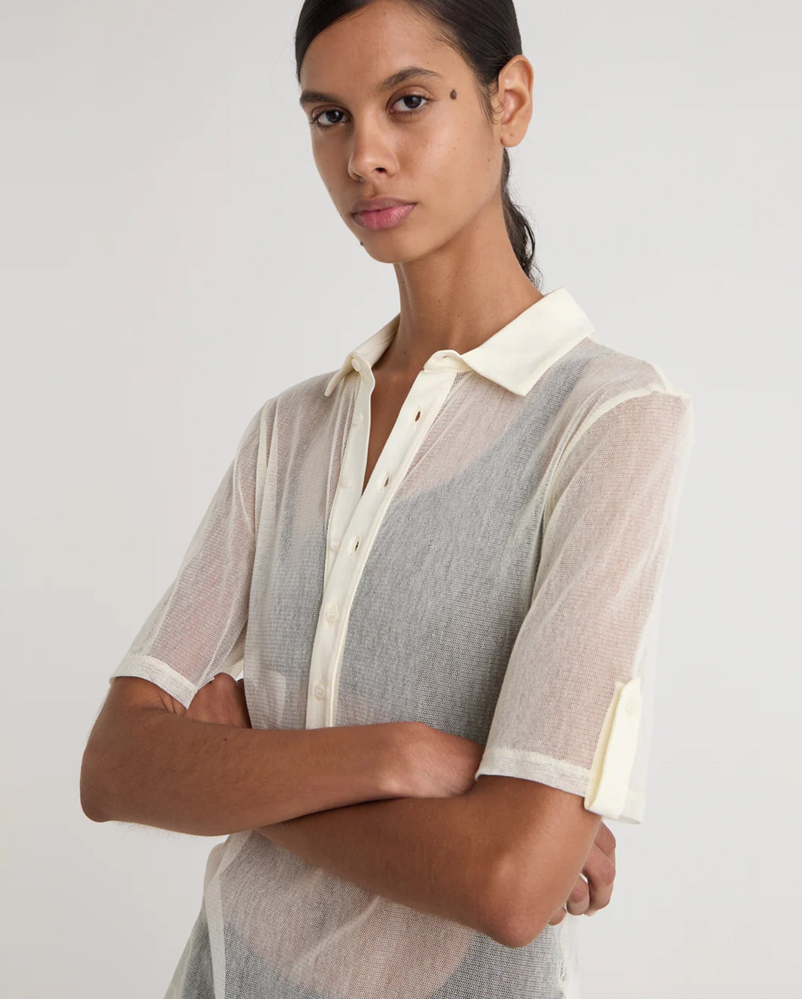 Sile Tulle Polo Top (Off-White)
