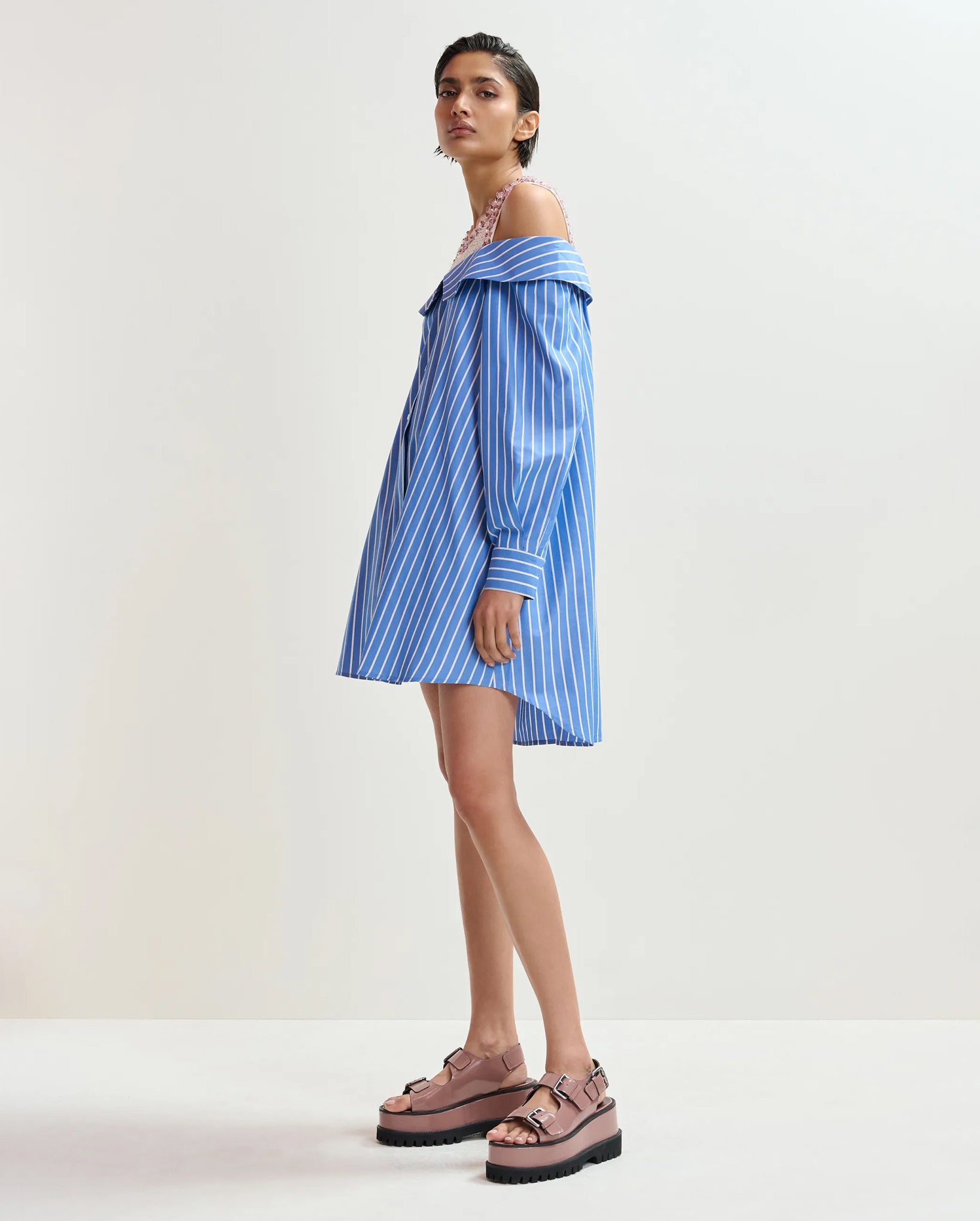 Layered Shirt Dress With Embellished Tank Top (Blue/White)