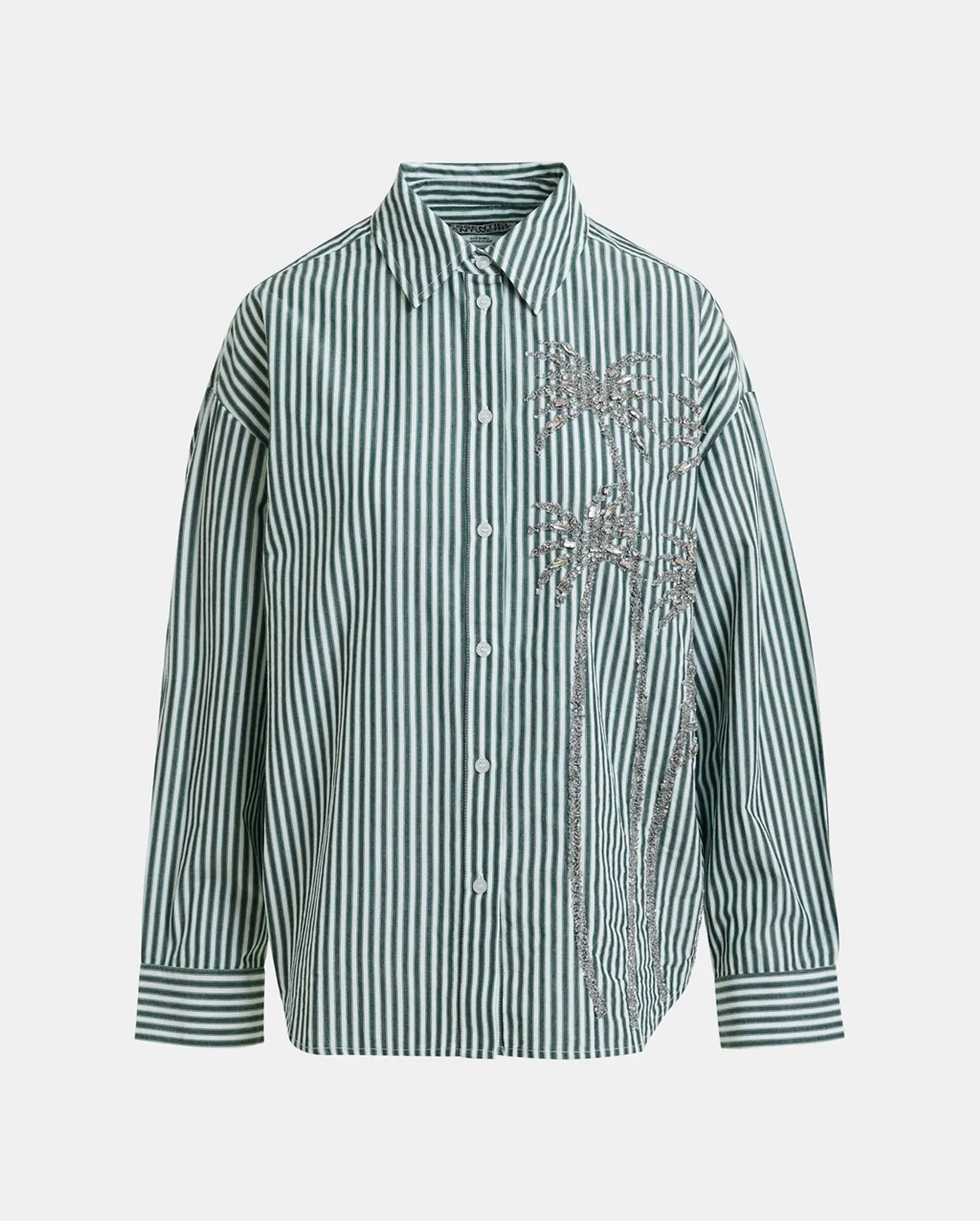 Oversized Striped Shirt With Sequin And Bead Embellishments (Green/Grey/White)