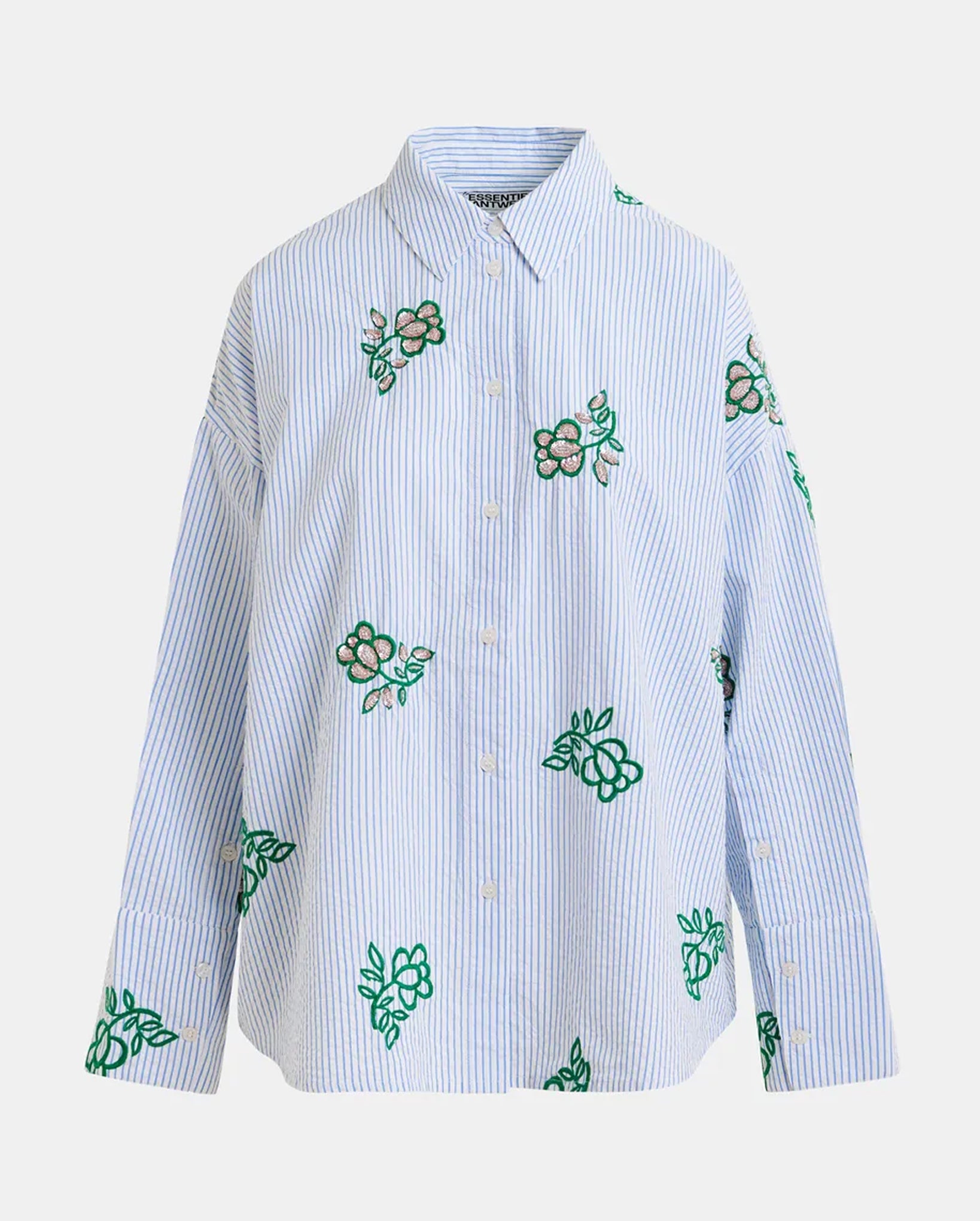 Cotton Shirt with Pinstripes and Embroidered Details (Green/Light Blue/Off-White)