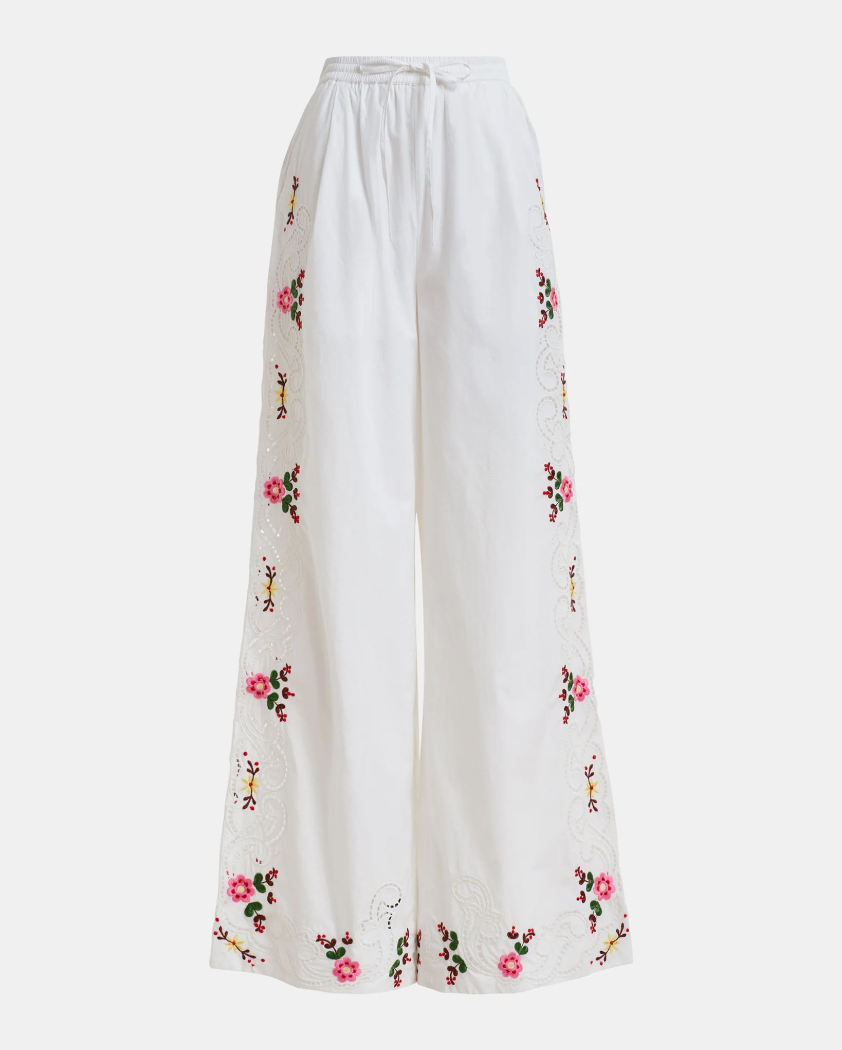 Floral Embroidered Wide Leg Pants (Multicolour/White)