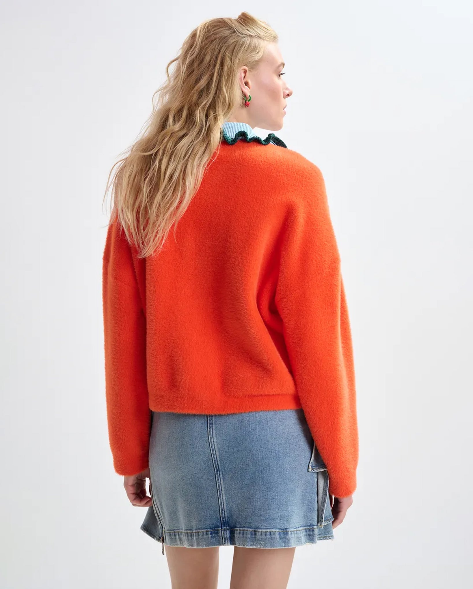 Cardigan With Contrasting Ruffle Collar (Dark Green/Light Blue/Orange)