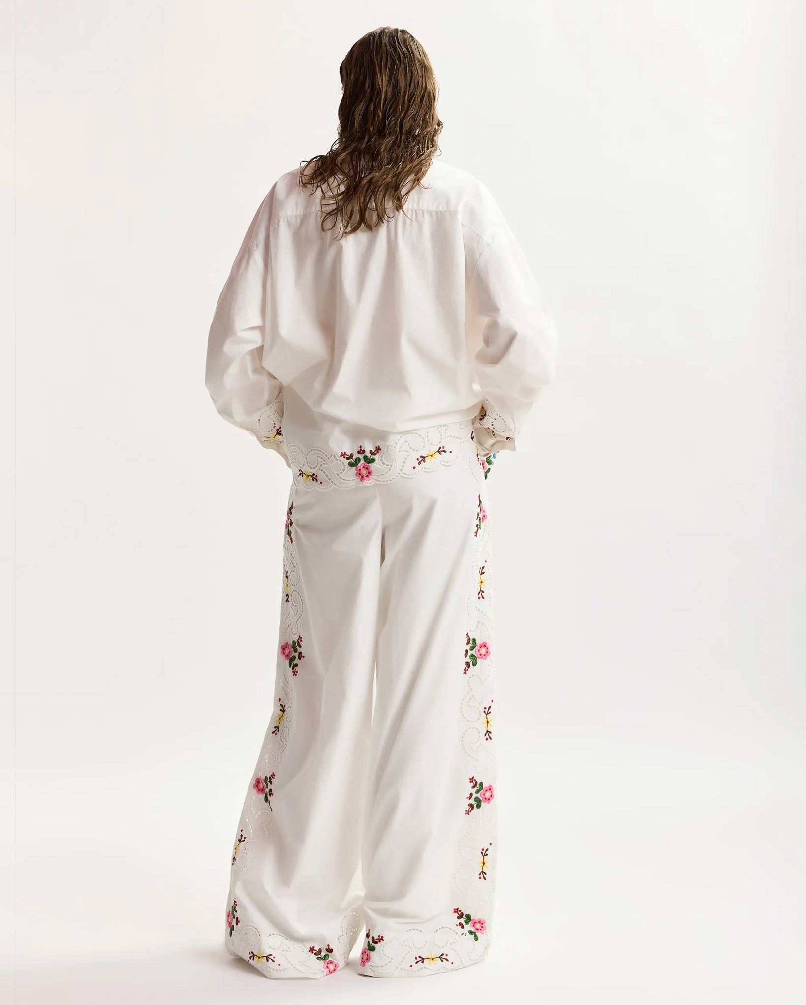 Floral Embroidered Wide Leg Pants (Multicolour/White)