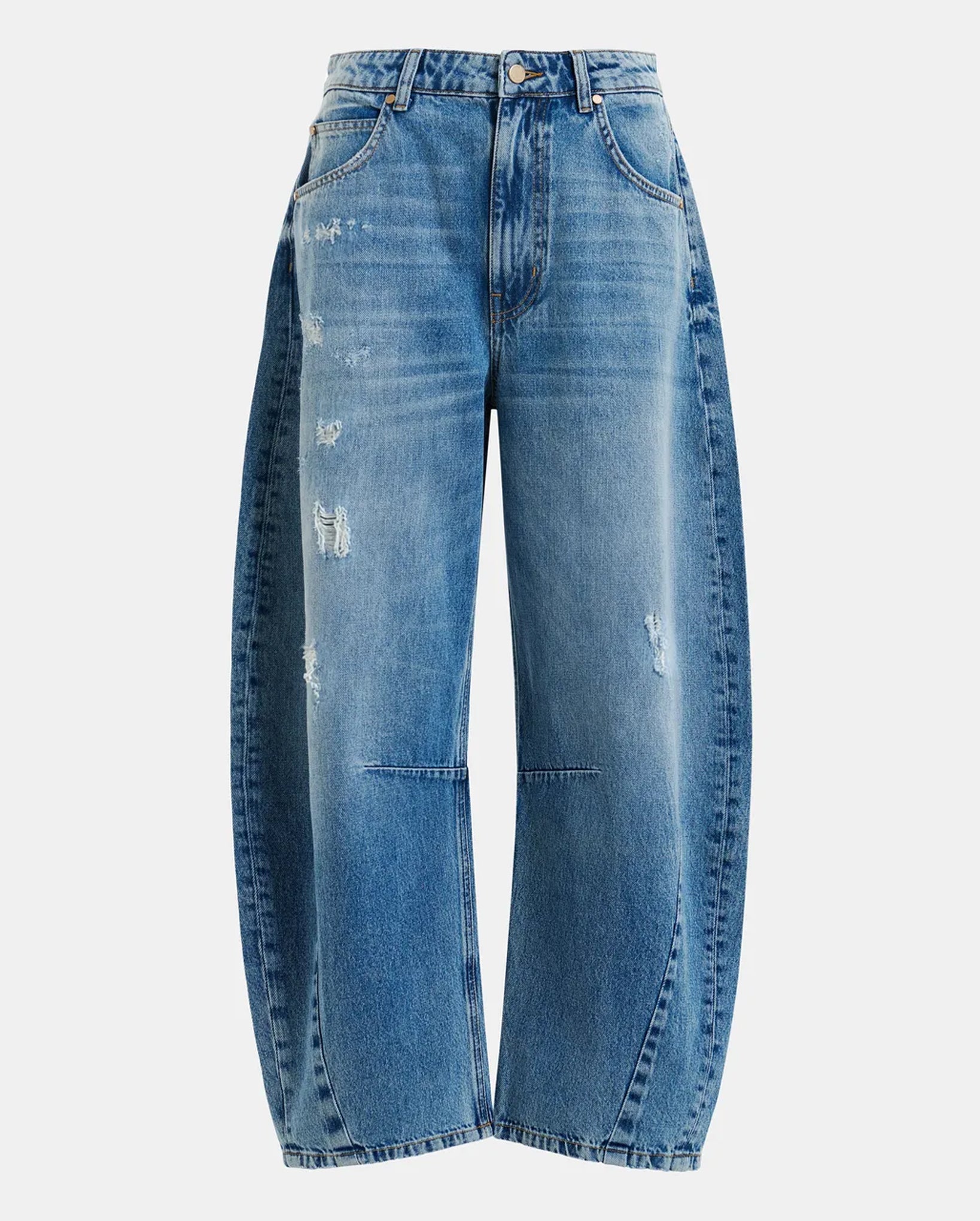 Distressed Cropped Barrel-Leg Jeans (Blue)