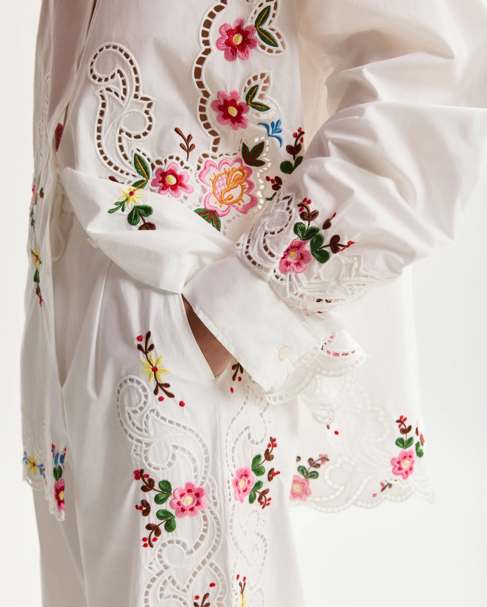 Floral Embroidered Wide Leg Pants (Multicolour/White)