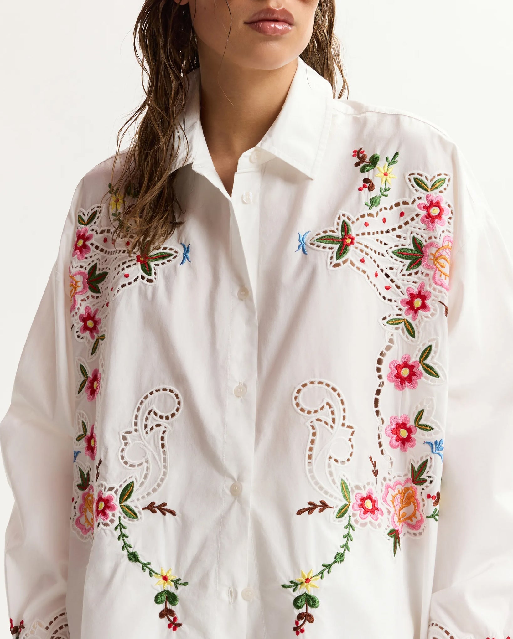 Floral Embroidered Oversized Shirt (Multicolour/White)