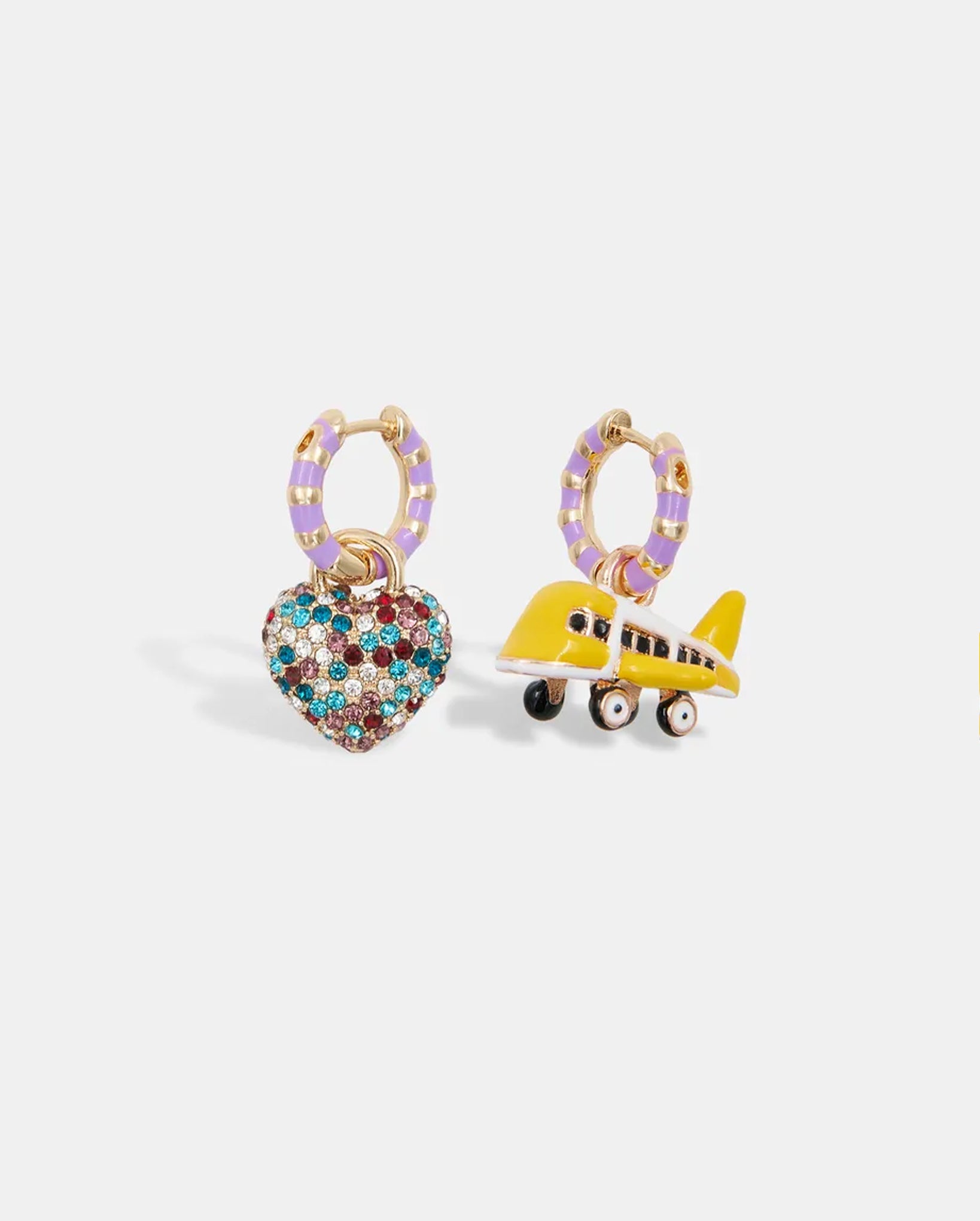 Hoop Earrings with Plane and Heart Pendants (Gold/Purple)