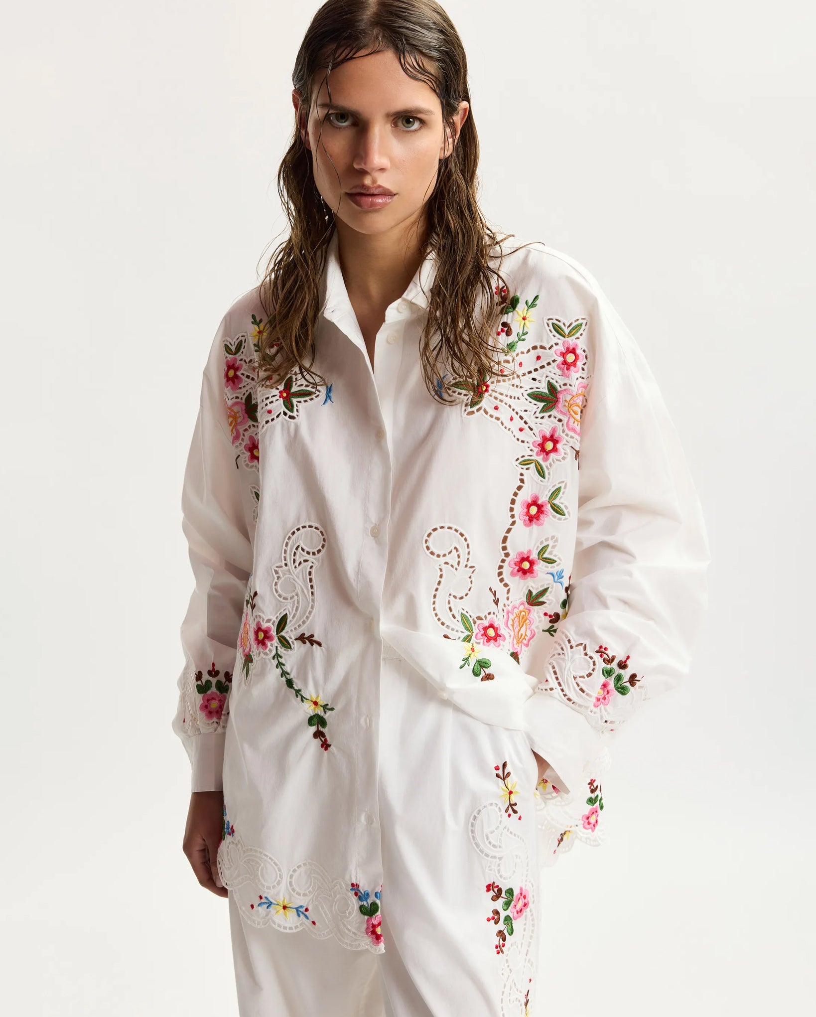Floral Embroidered Oversized Shirt (Multicolour/White)