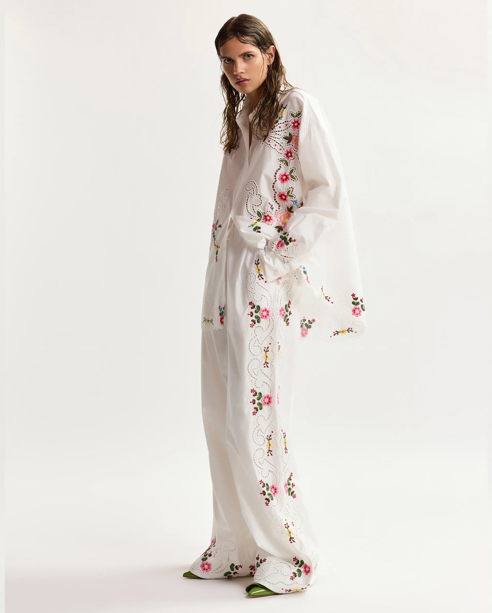 Floral Embroidered Oversized Shirt (Multicolour/White)