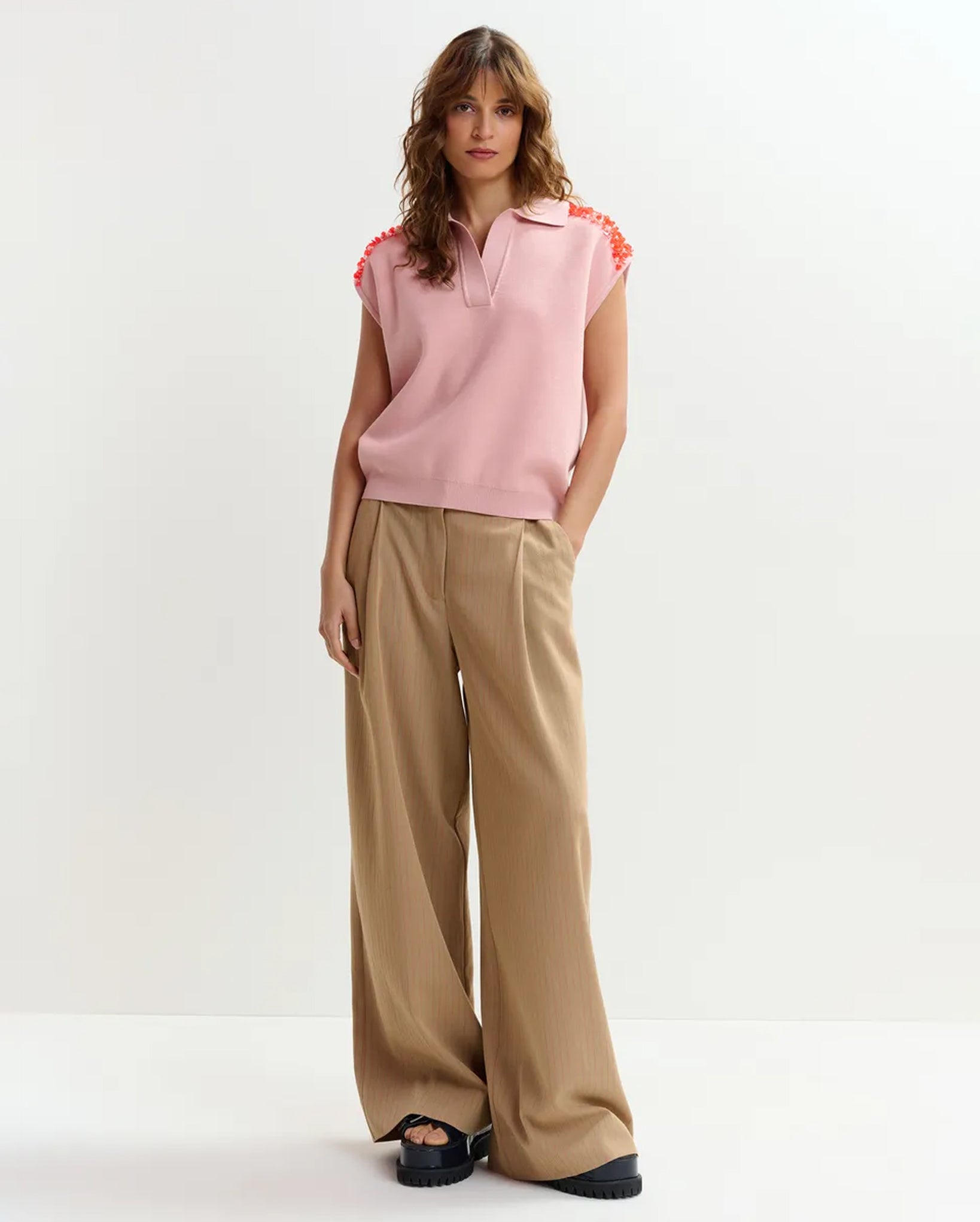 Sleeveless Polo with Embellished Shoulders (Light Pink/Orange)