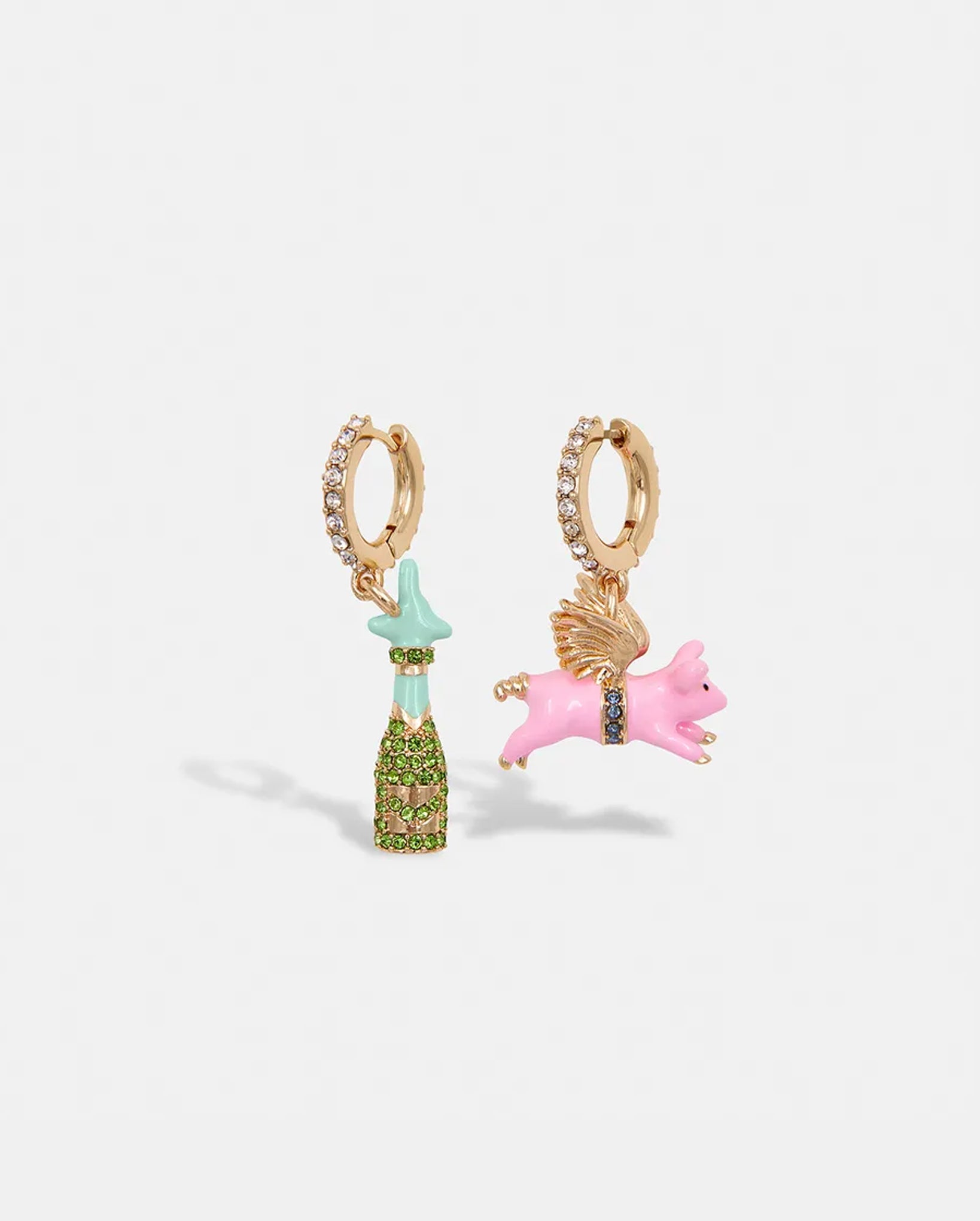 Hoop Earrings With Champagne Bottle And Flying Pig Pendants