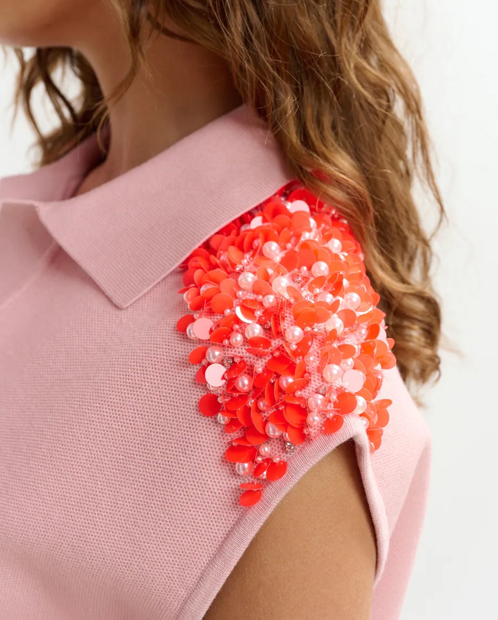Sleeveless Polo with Embellished Shoulders (Light Pink/Orange)