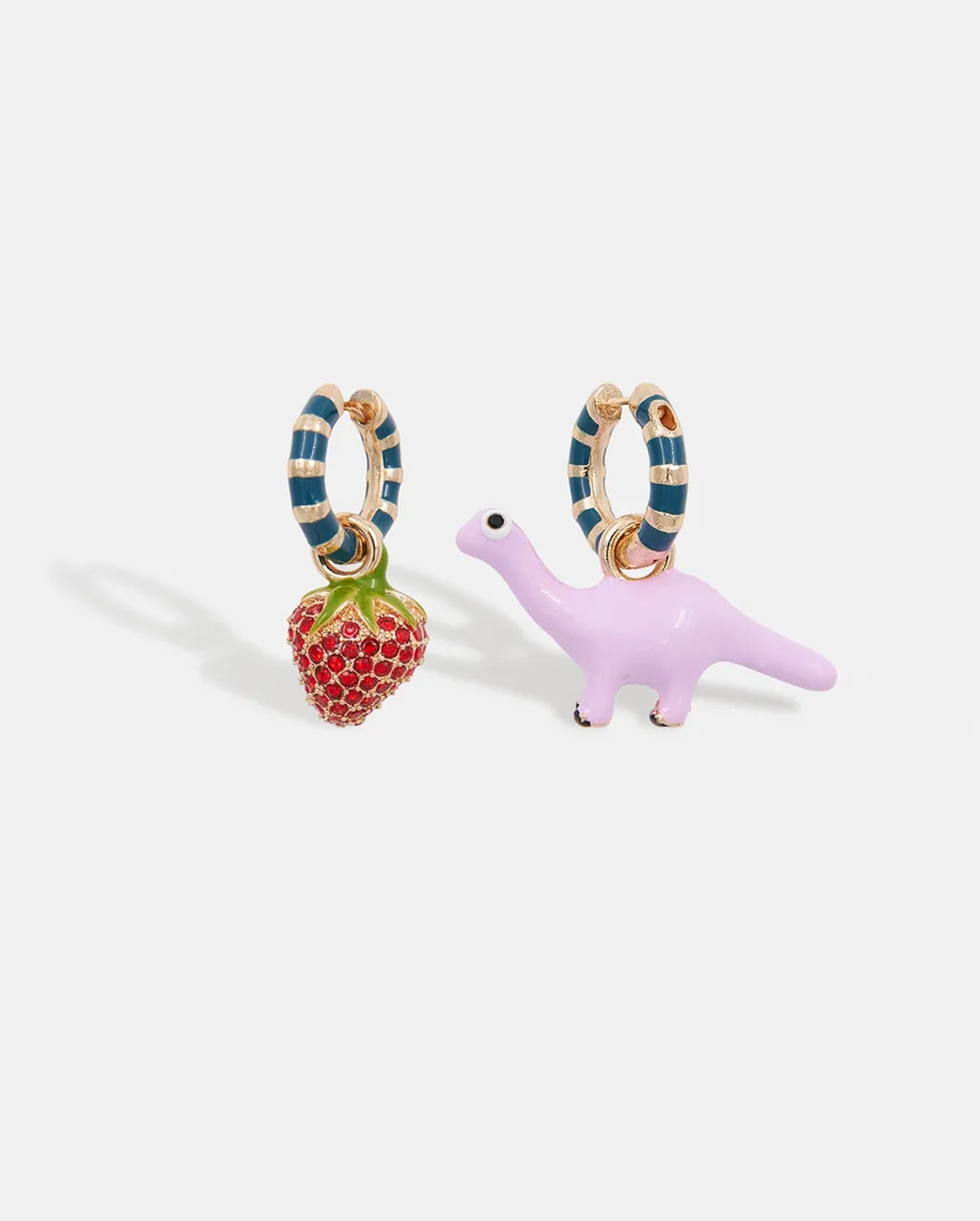 Hoop Earrings with Dinosaur and Strawberry Pendants (Blue/Gold)