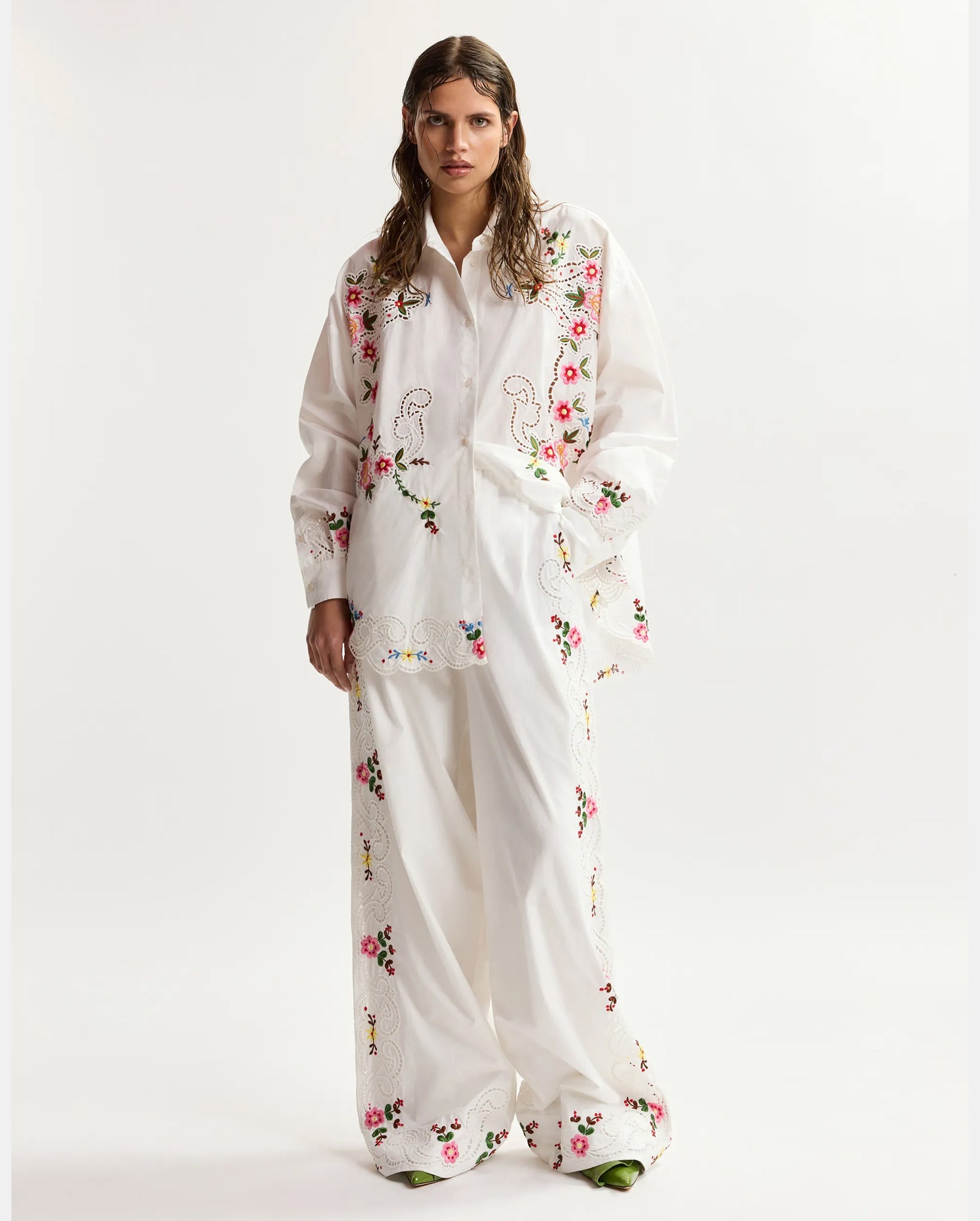 Floral Embroidered Wide Leg Pants (Multicolour/White)