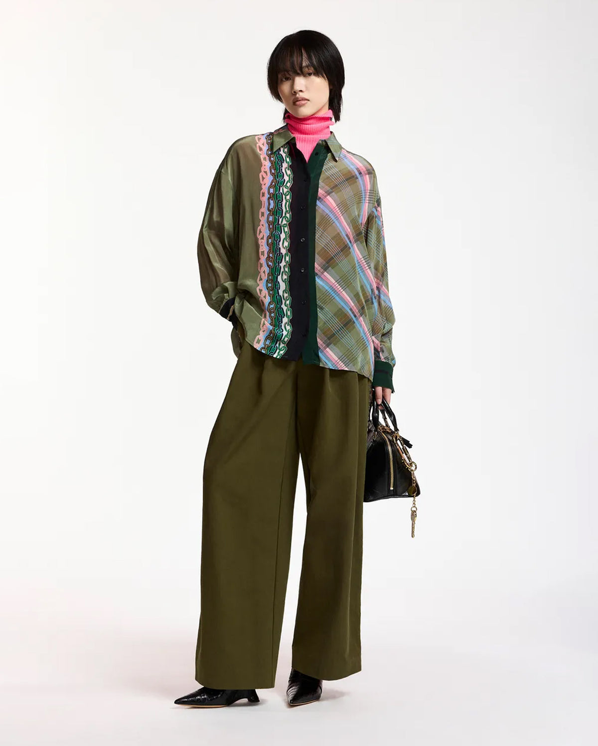 Mixed-Print Oversized Shirt (Black/Khaki/Light Pink)
