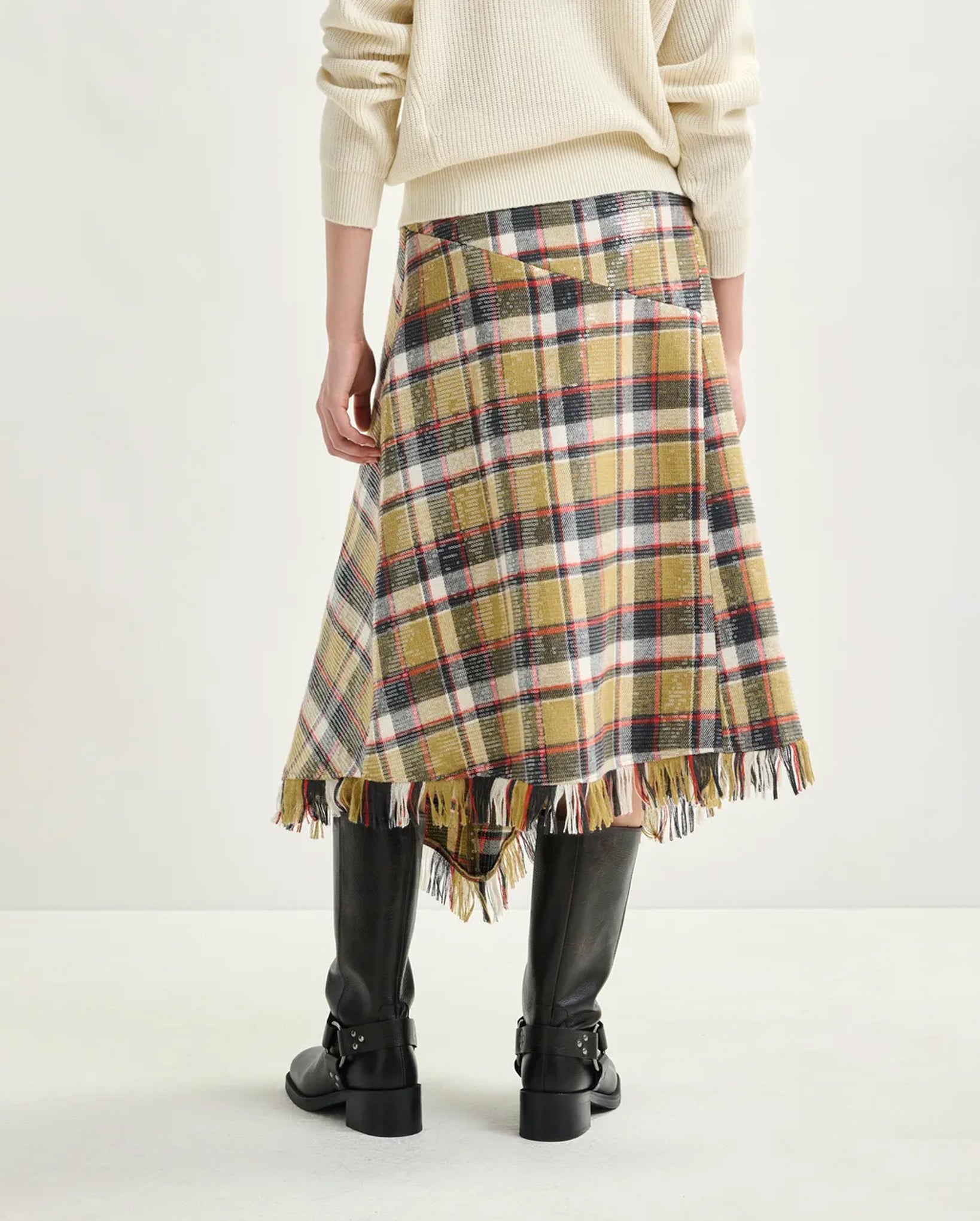 Check Print Midi Skirt with Fringed Hemline and Sequin Embellishments (Dark Blue/Khaki/Red)