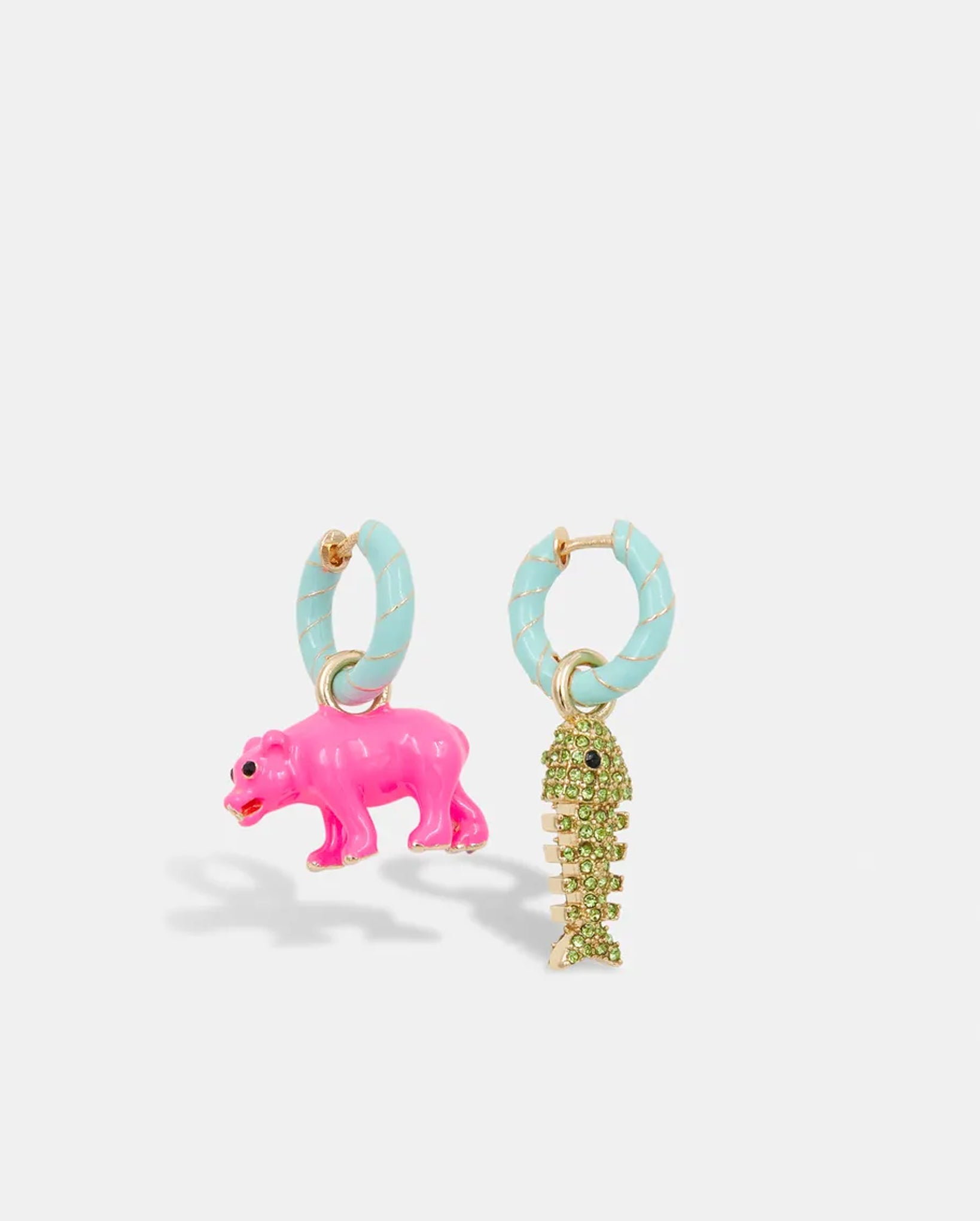 Hoop Earrings with Bear and Fish Bone Pendants (Gold/Light Blue)