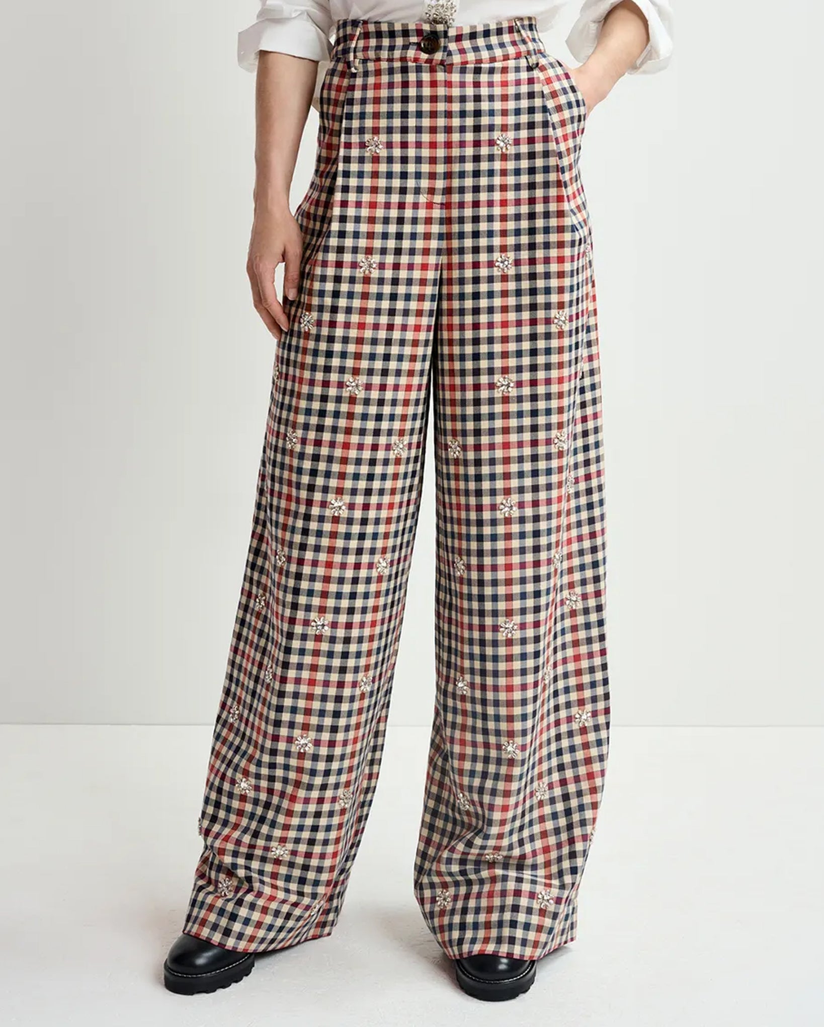 Checkered Wide-Leg Pants (Beige/Dark Blue/Red)