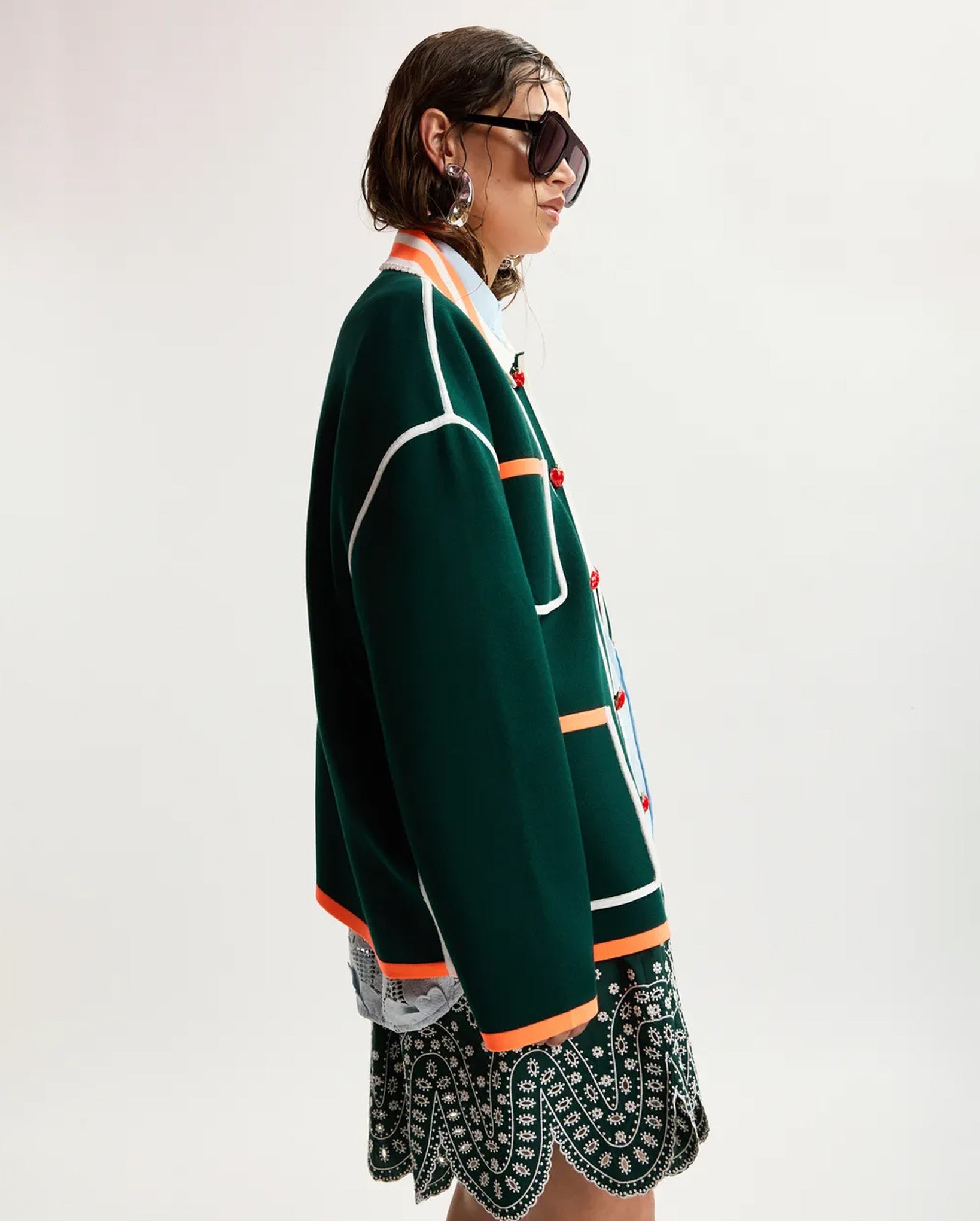 Fine Knit Cardigan With Lace-Trimmed Collar And Strawberry-Shaped Buttons (Dark Green/Orange/White)