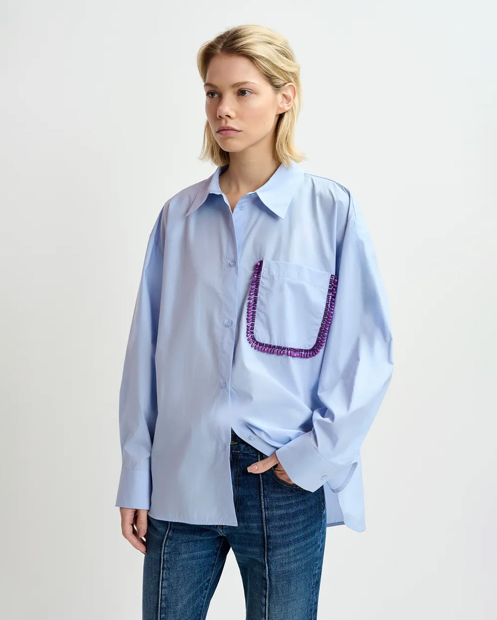 Light Blue Cotton Shirt with Beaded Embroidery