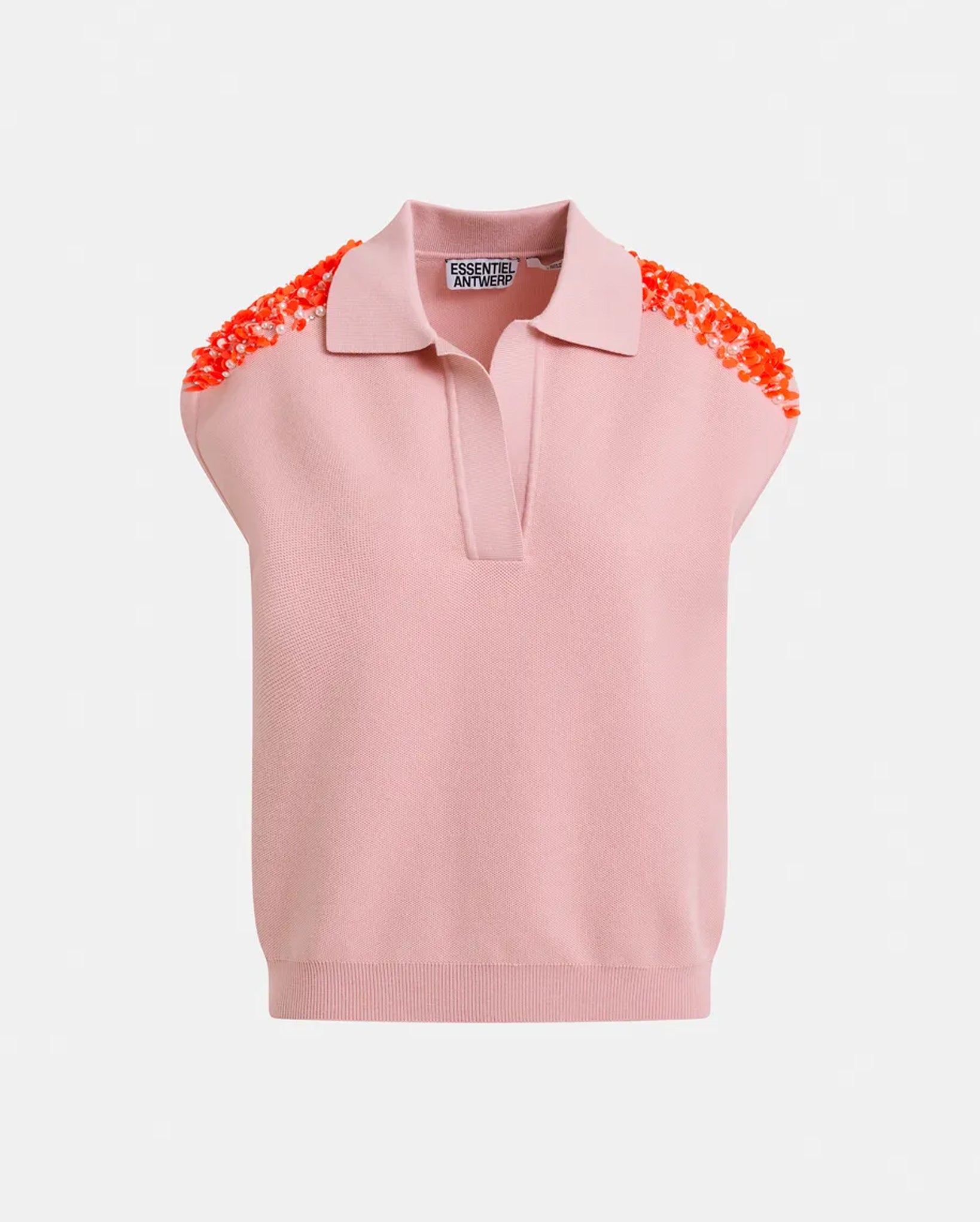Sleeveless Polo with Embellished Shoulders (Light Pink/Orange)