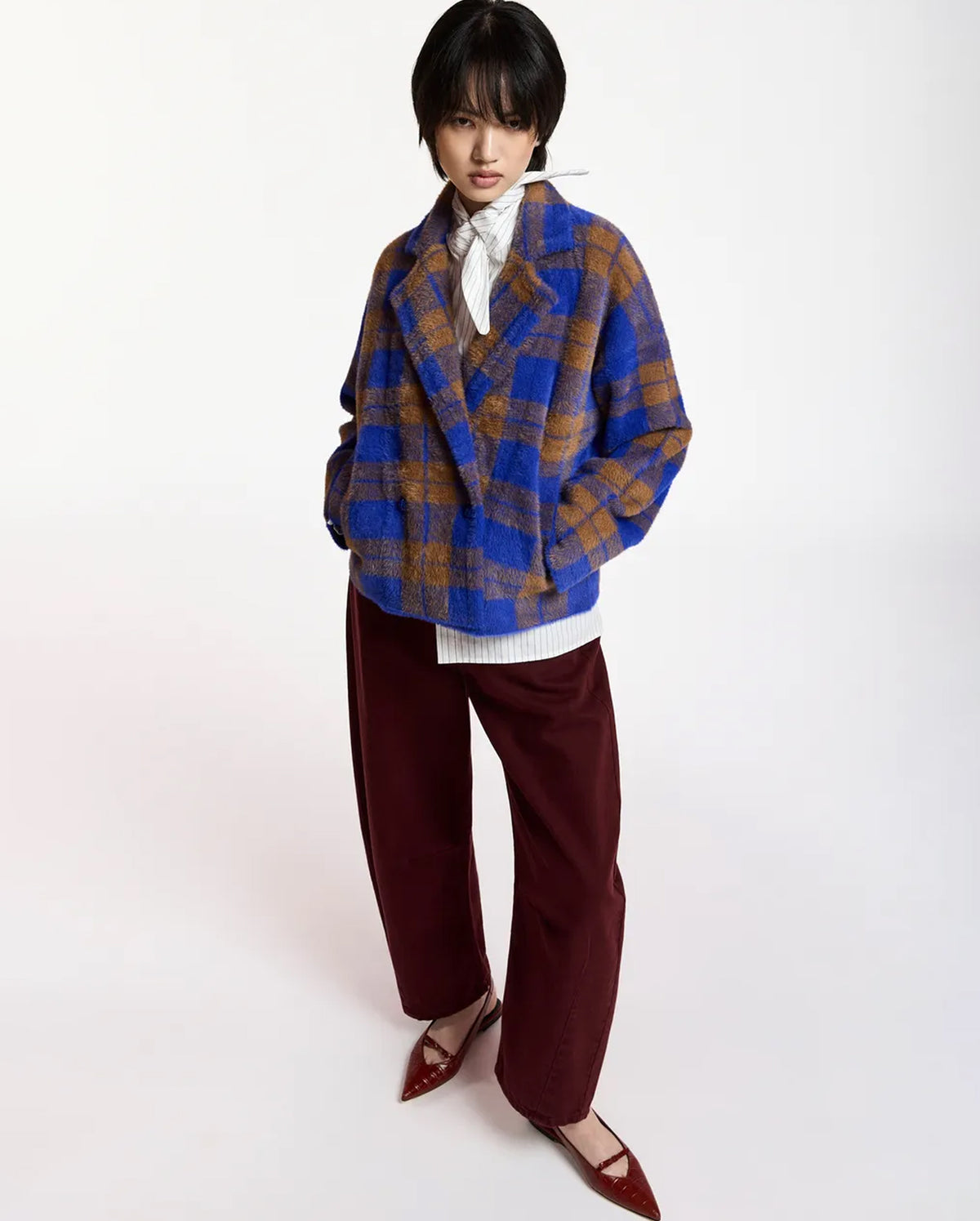 Double-Breasted Checked Knit Cardigan (Blue/Brown)