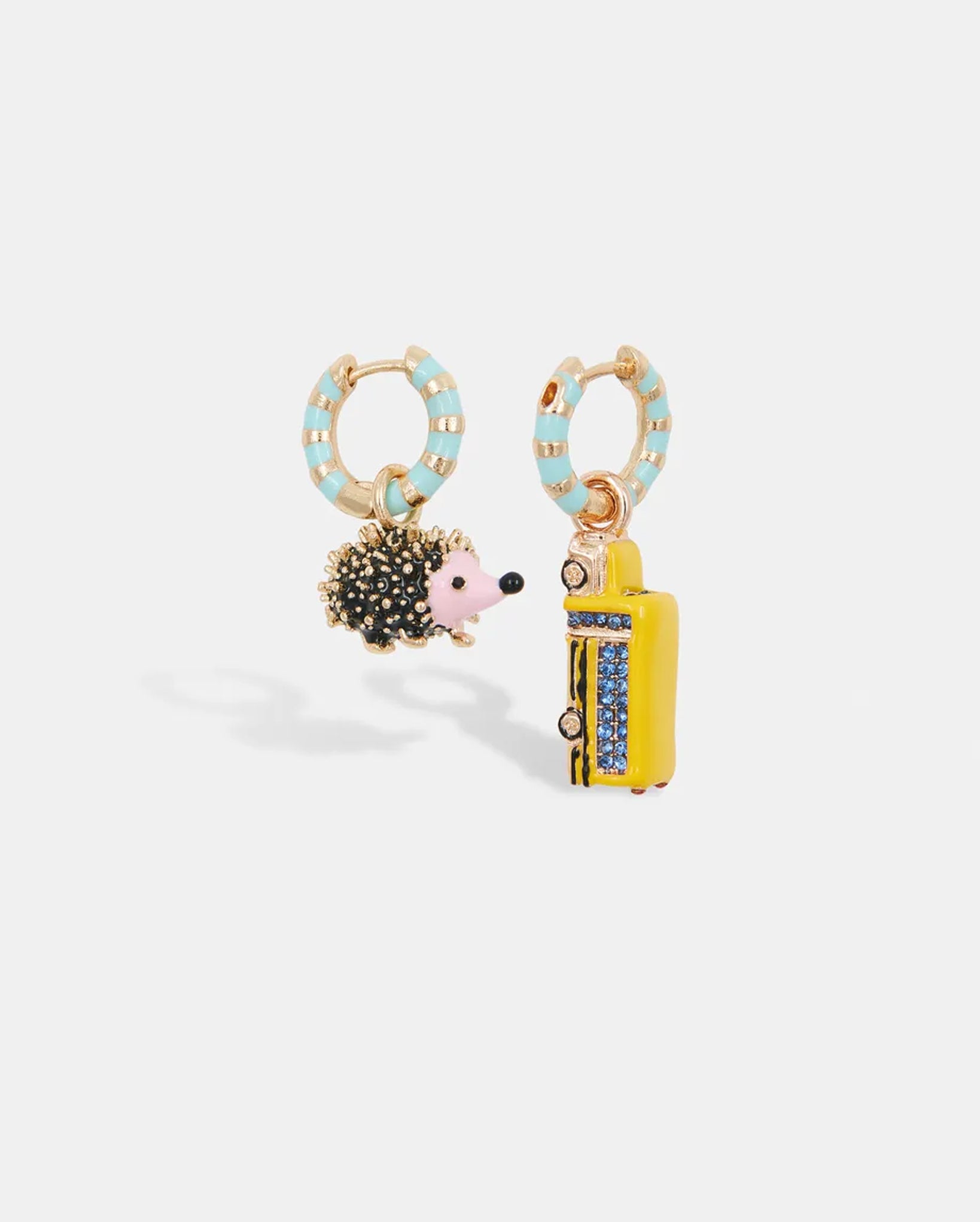 Hoop Earrings with Bug and Robot Head Pendants (Gold/Light Blue)