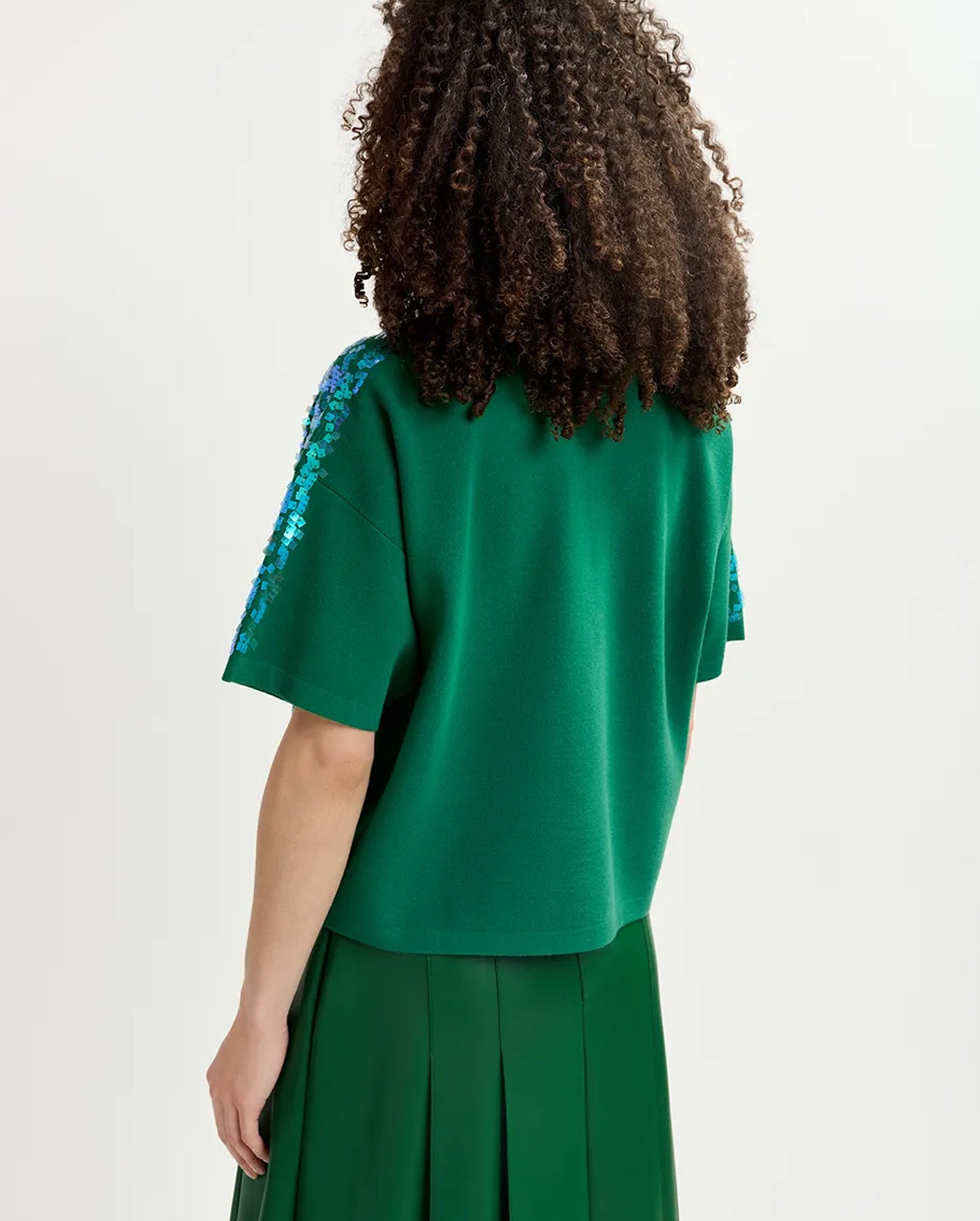 Sequin-Embellished Polo Top (Dark Green)