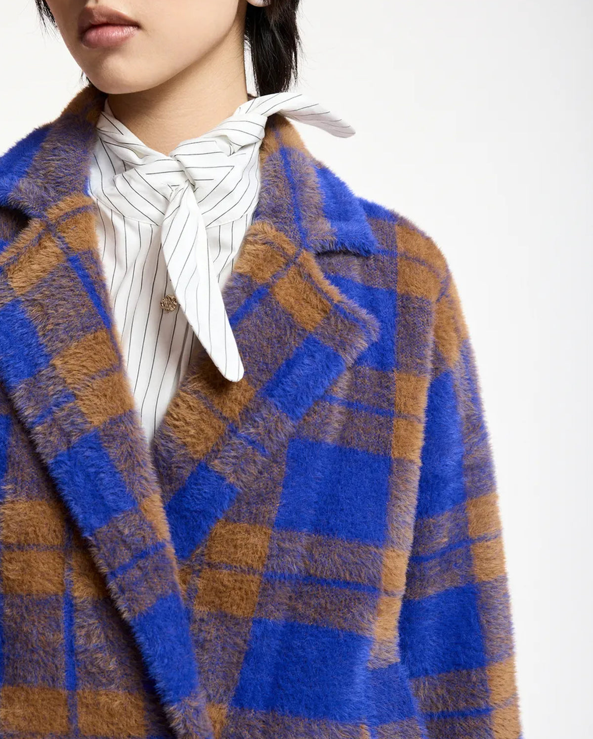 Double-Breasted Checked Knit Cardigan (Blue/Brown)